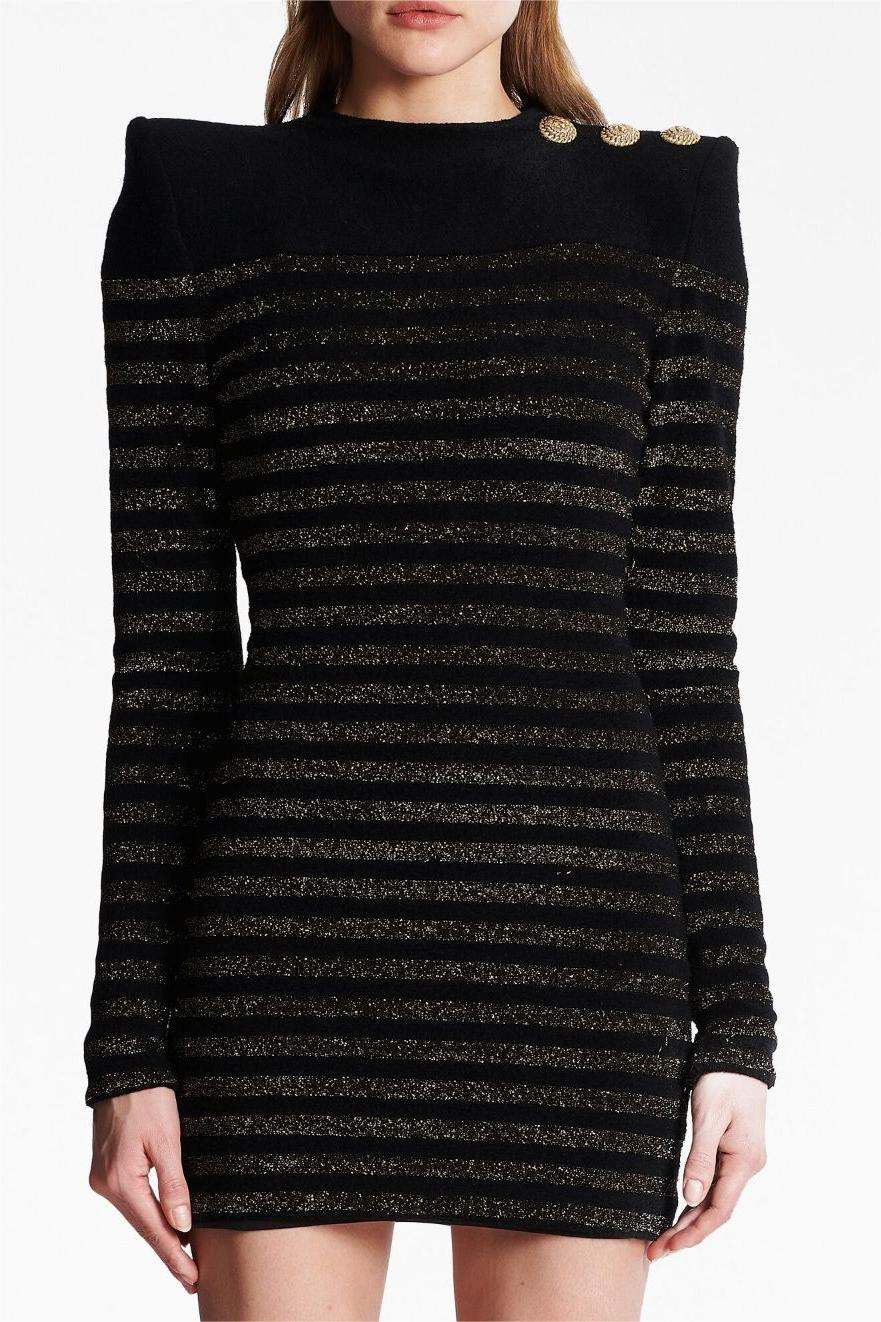 CARLIN JERSEY STRIPE LONG SLEEVE MINI BLACK DRESS