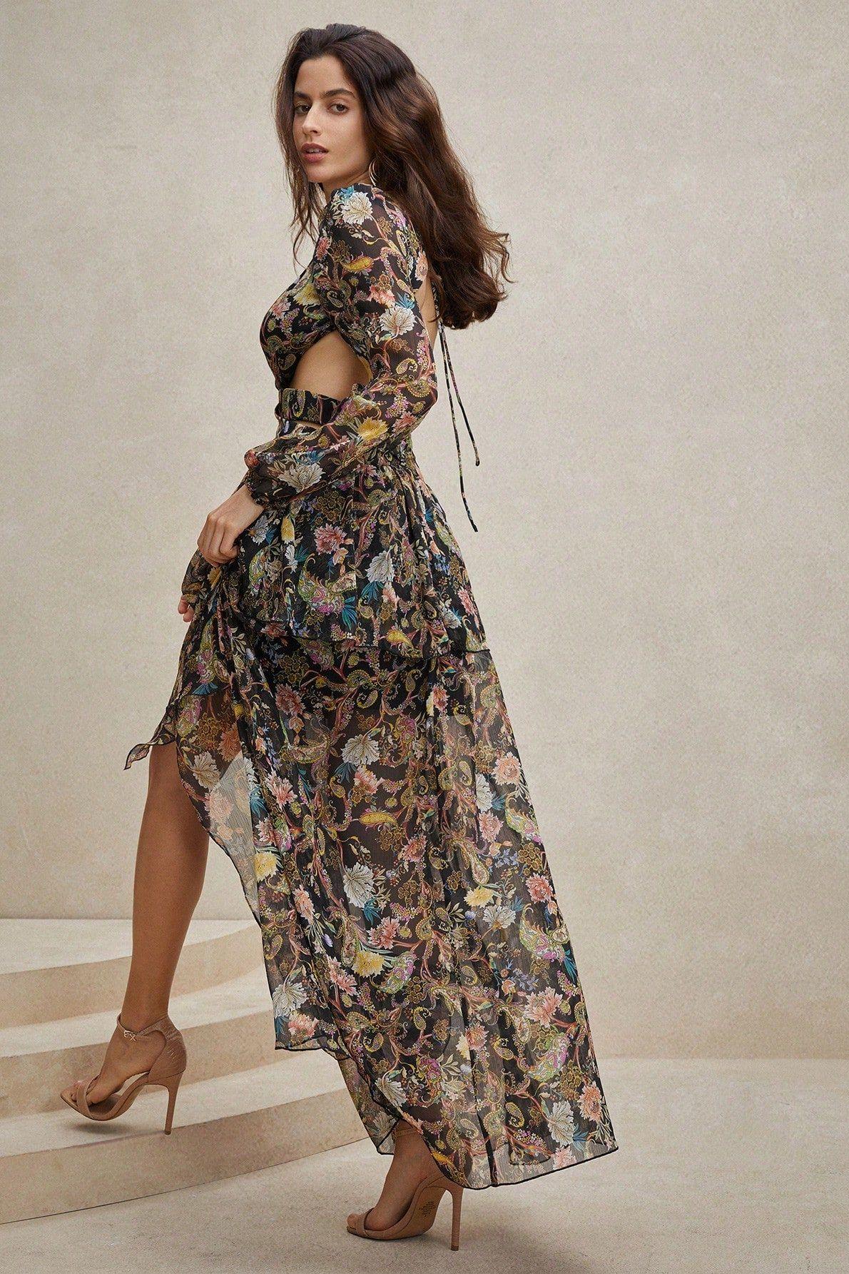 BOHO CHIFFON PAISLEY MIDI DRESS, LONG SLEEVE