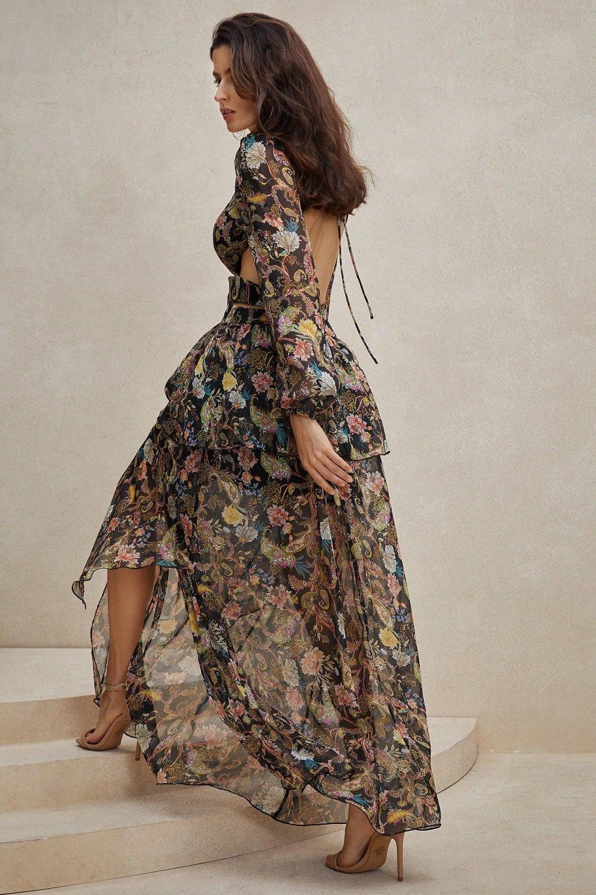 BOHO CHIFFON PAISLEY MIDI DRESS, LONG SLEEVE
