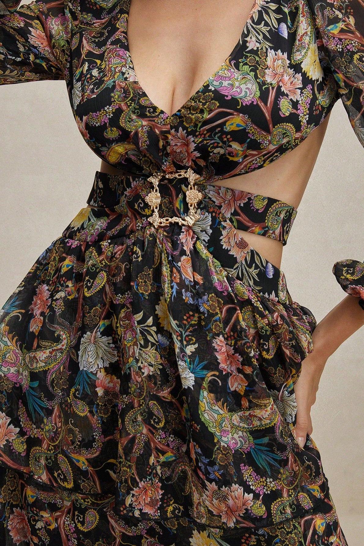 BOHO CHIFFON PAISLEY MIDI DRESS, LONG SLEEVE