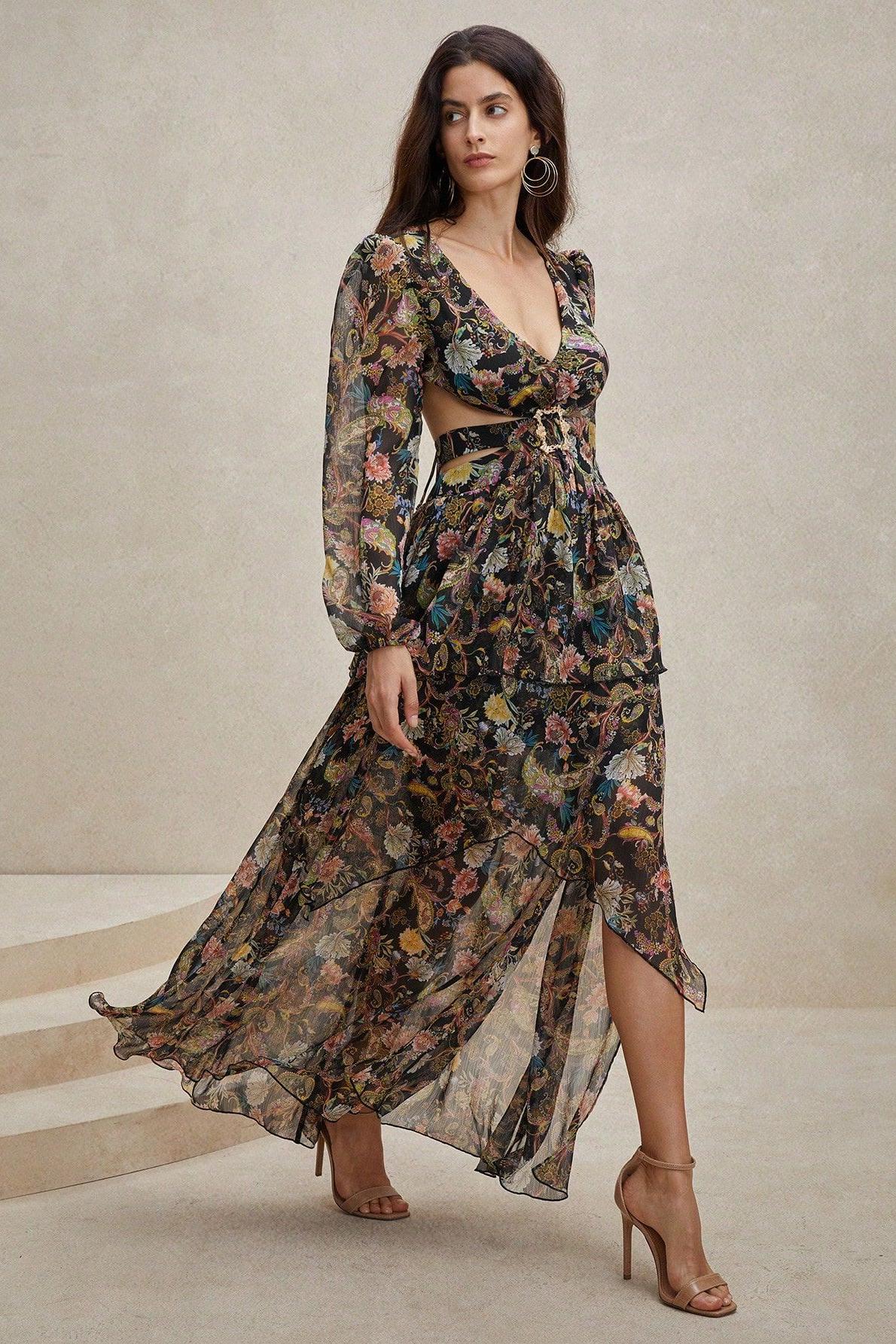 BOHO CHIFFON PAISLEY MIDI DRESS, LONG SLEEVE