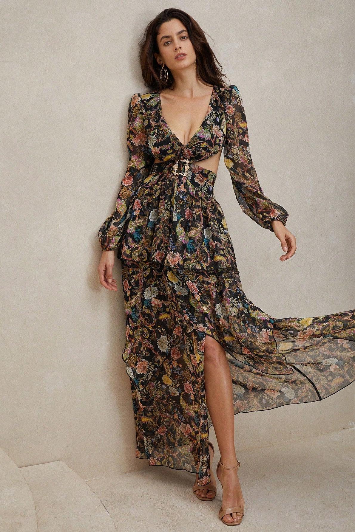BOHO CHIFFON PAISLEY MIDI DRESS, LONG SLEEVE