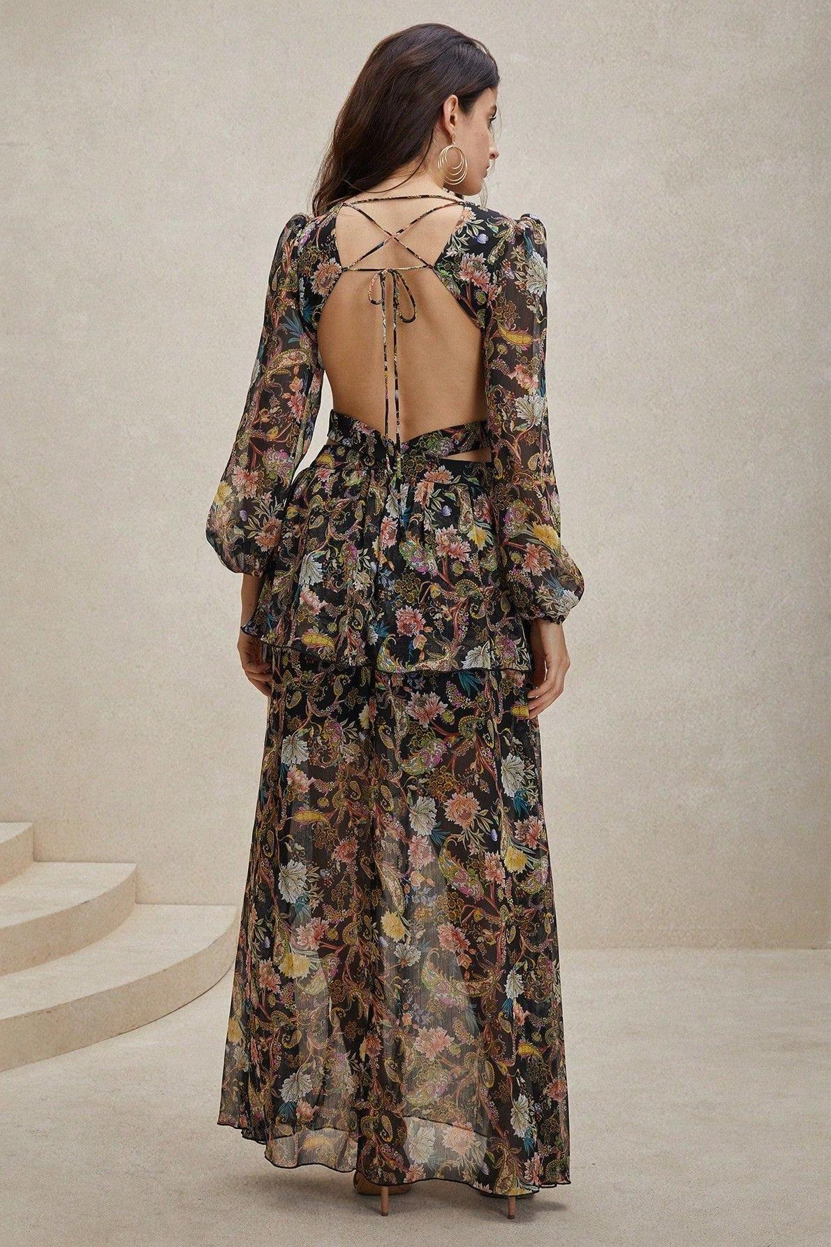 BOHO CHIFFON PAISLEY MIDI DRESS, LONG SLEEVE