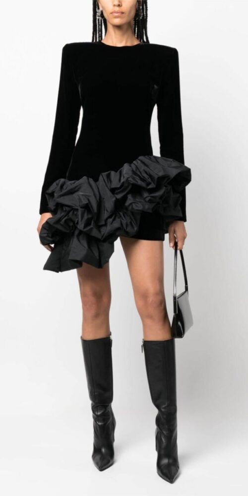 Solid Velvet Long Sleeve Ruffle Mini Dress Solid Velvet Long Sleeve Ruffle Mini Dress