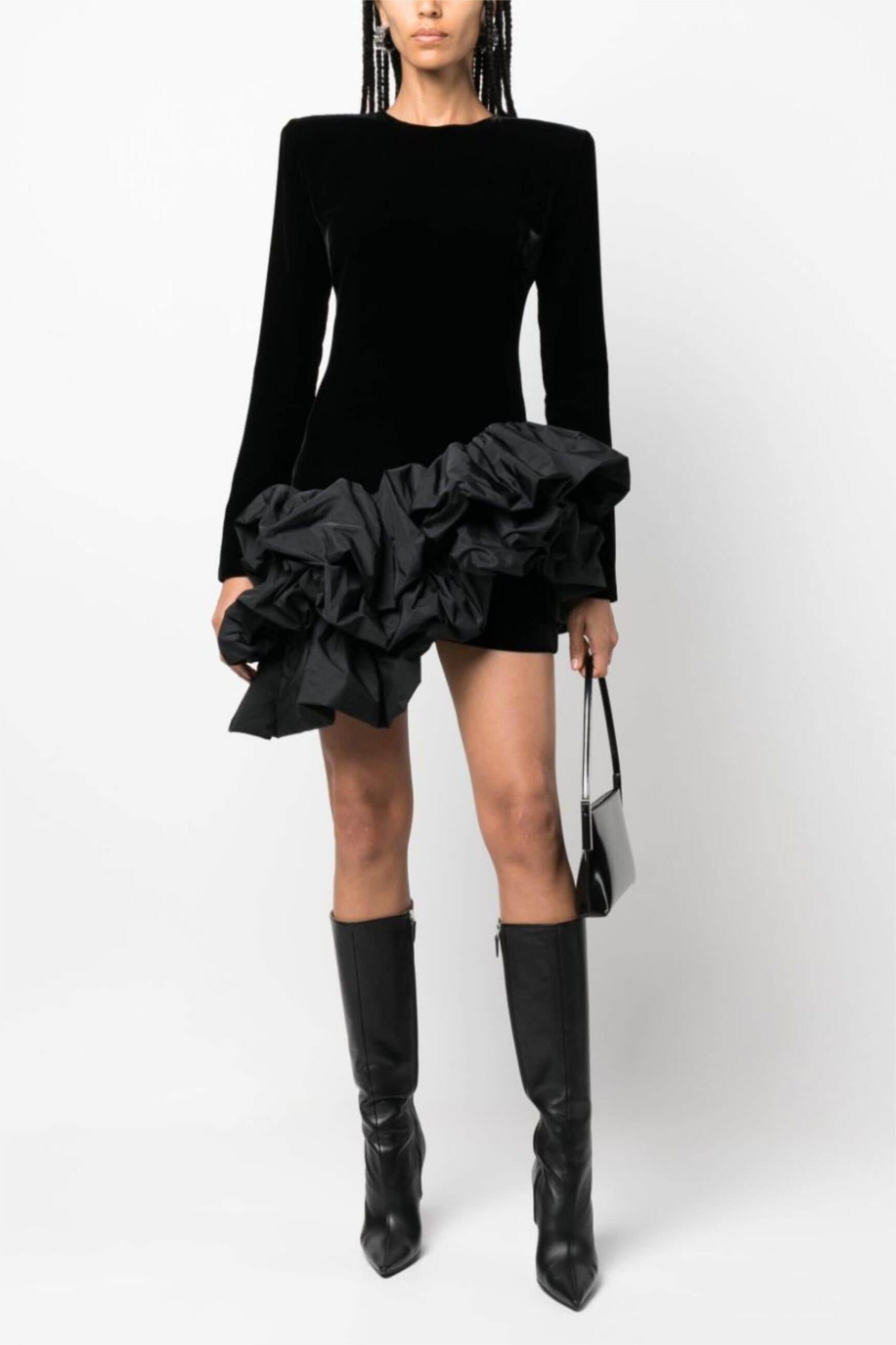 SOLID VELVET LONG SLEEVE RUFFLE MINI DRESS
