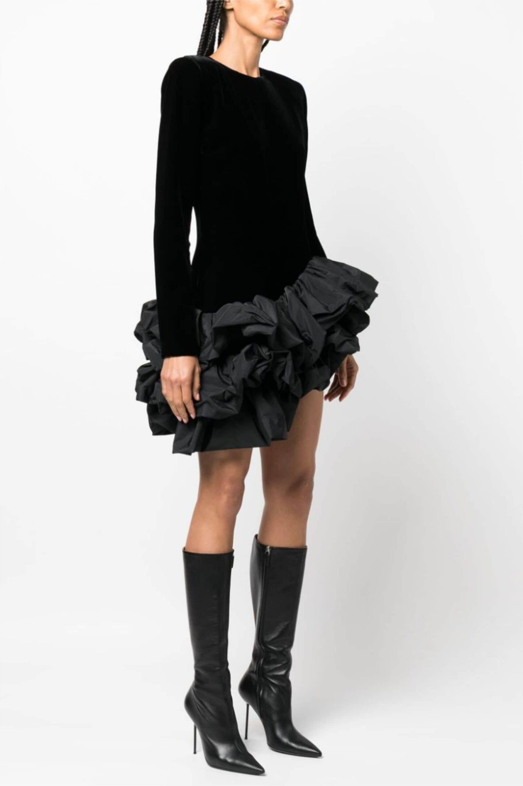 SOLID VELVET LONG SLEEVE RUFFLE MINI DRESS