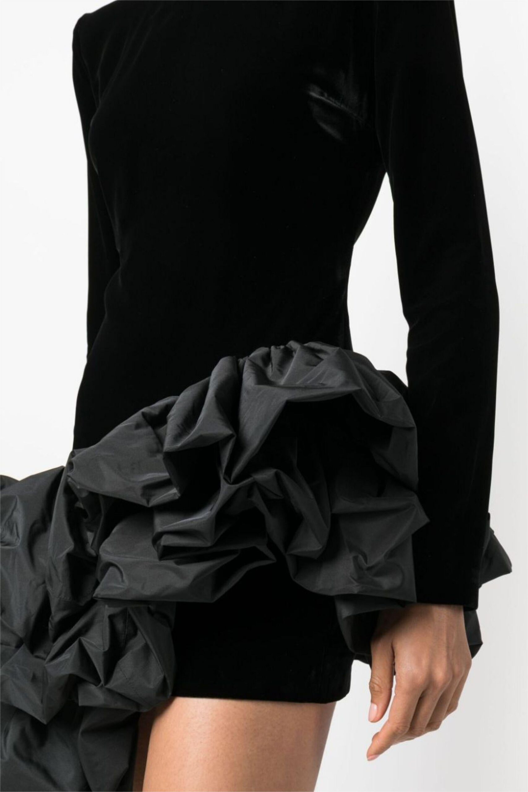 SOLID VELVET LONG SLEEVE RUFFLE MINI DRESS