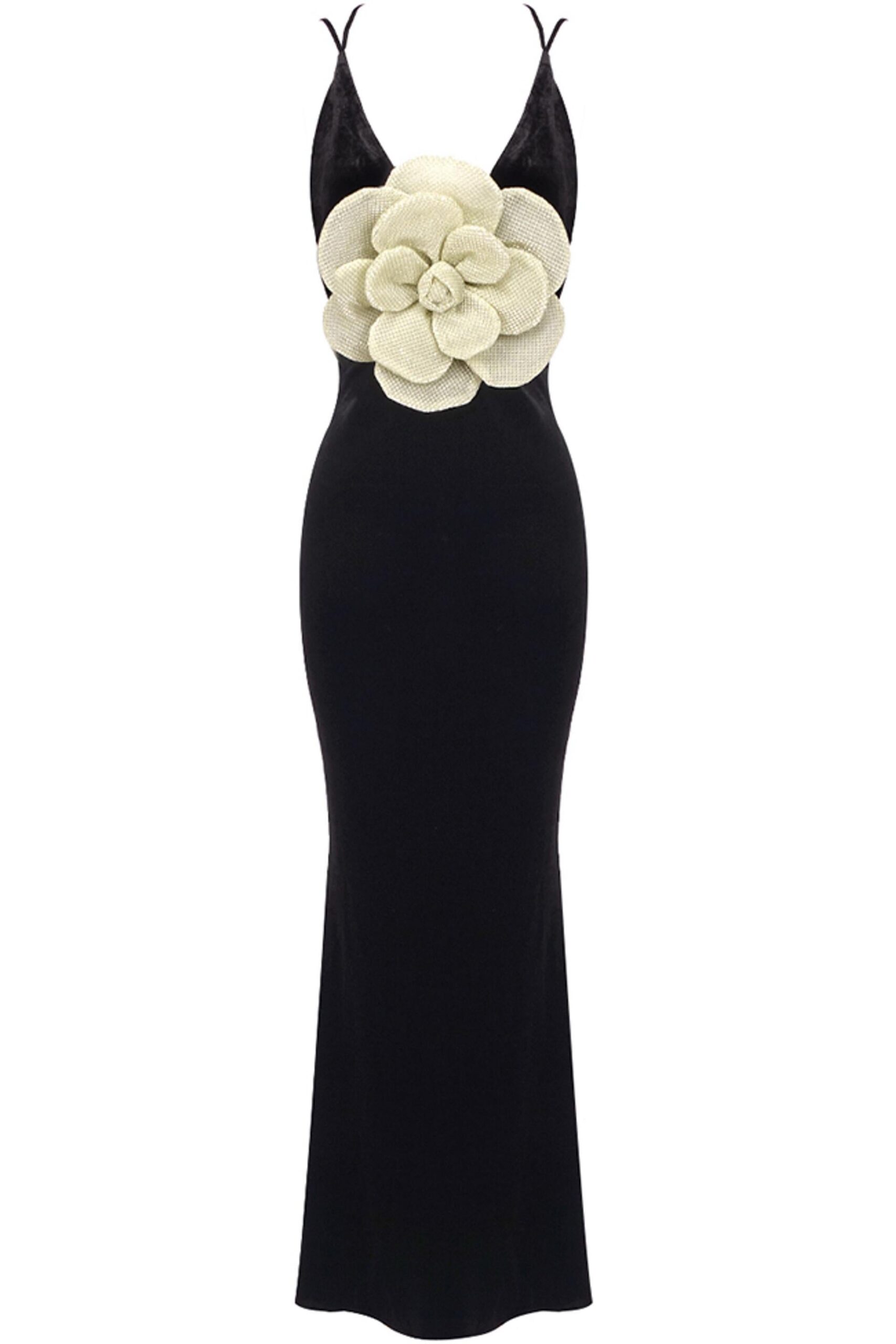 3D FLORAL VELVET SLEEVELESS MAXI DRESS