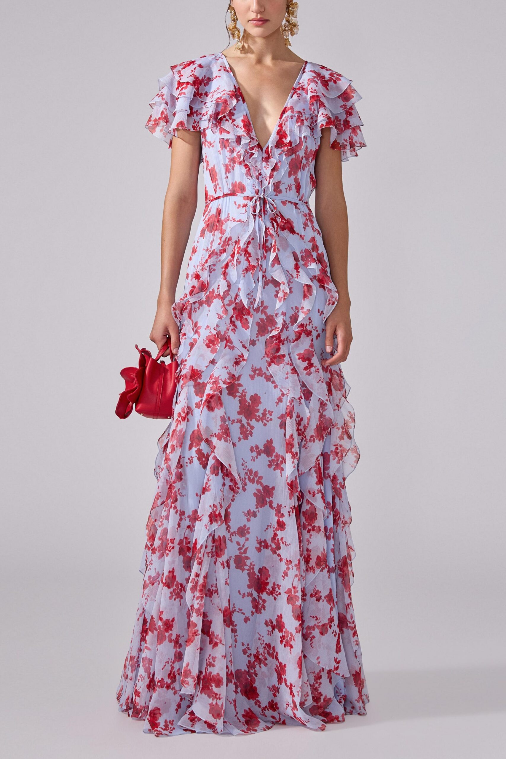 MULTICOLOR FLORAL CHIFFON RUFFLE MAXI DRESS