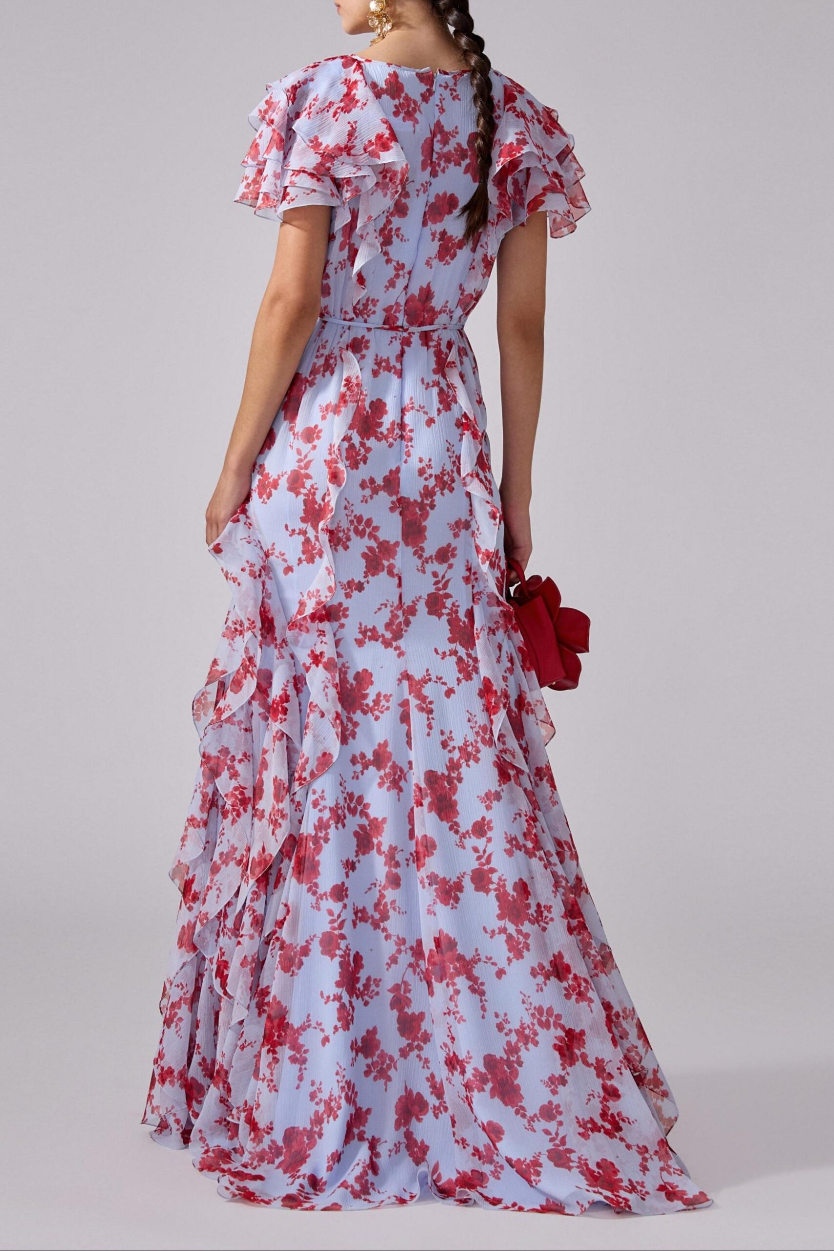 MULTICOLOR FLORAL CHIFFON RUFFLE MAXI DRESS