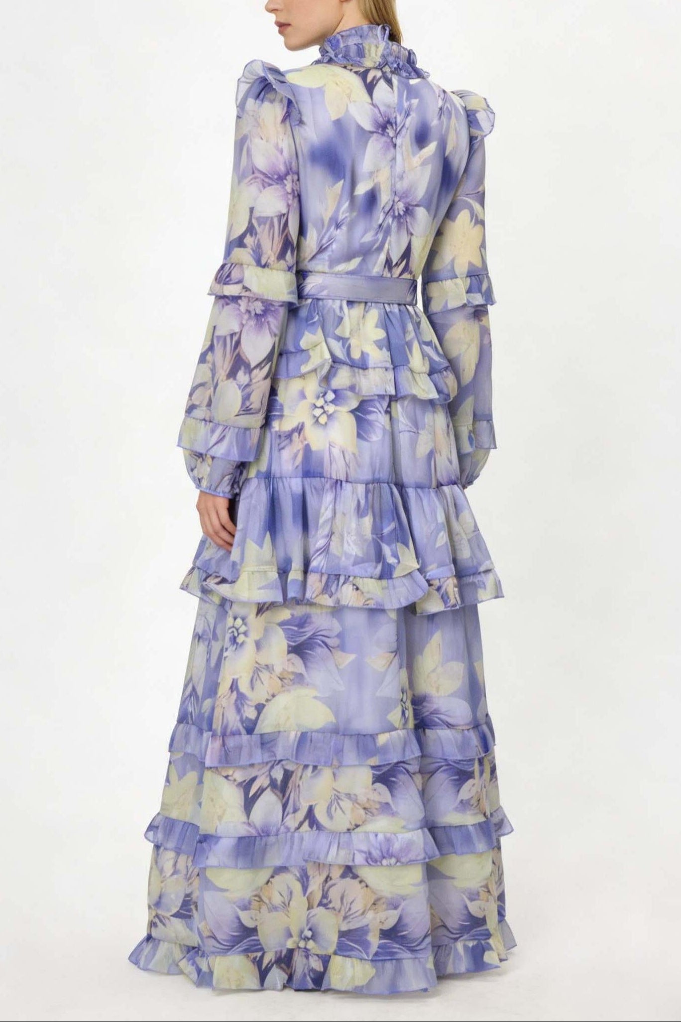 ALYSSA PURPLE FLORAL RUFFLE MAXI DRESS WITH BELT