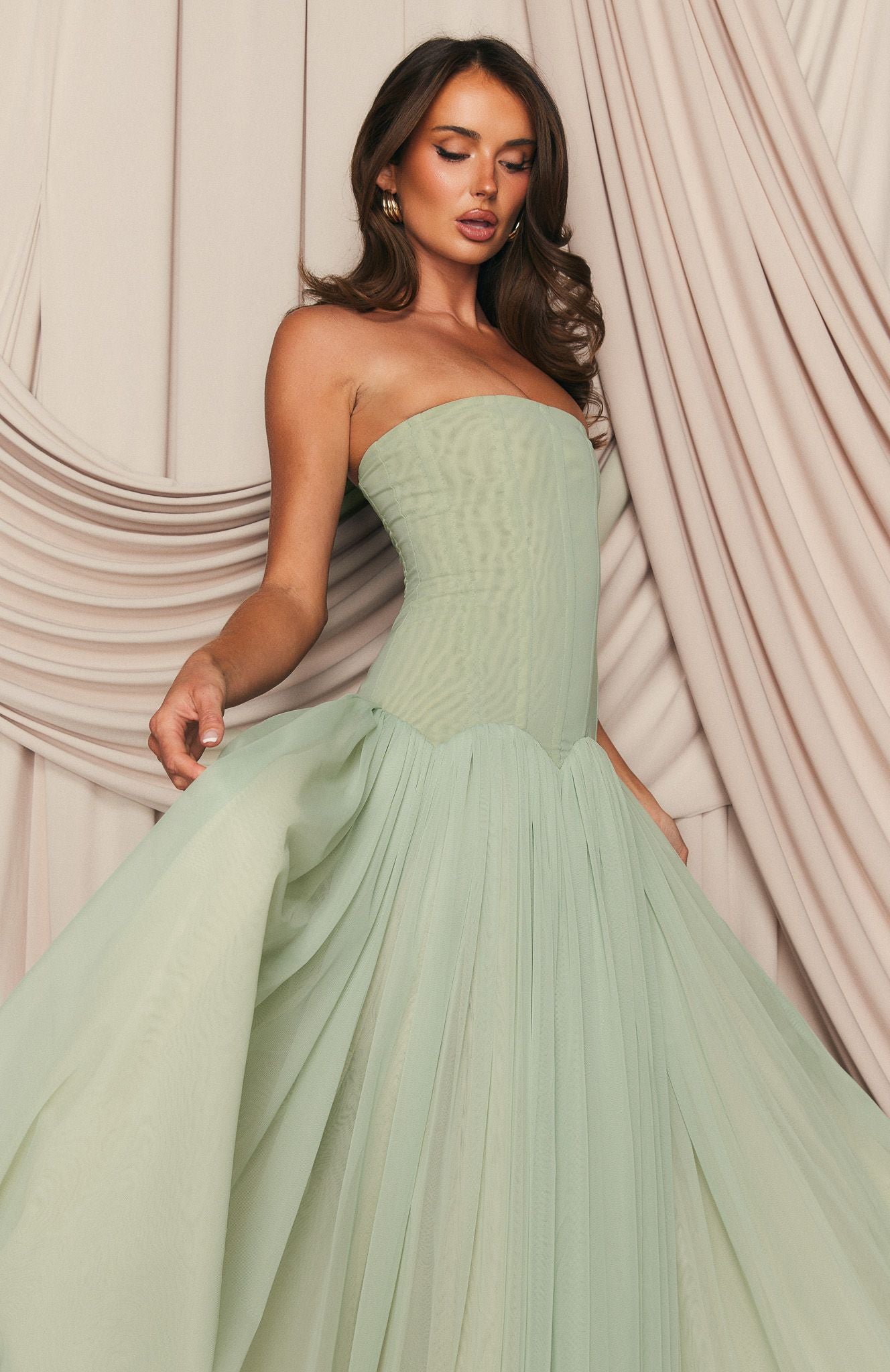 SABRINA GREEN TULLE STRAPLESS MAXI DRESS