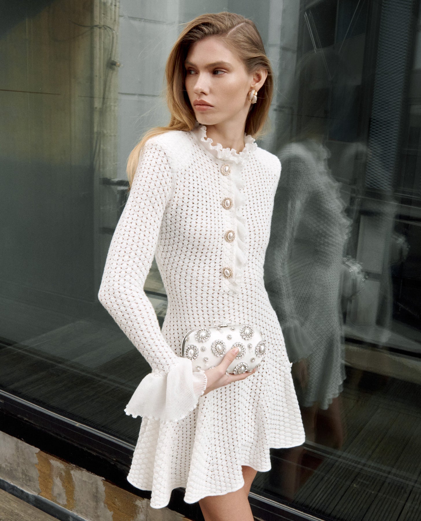 LAUREN LANTERN SLEEVE MINI DRESS, WHITE, COCKTAIL