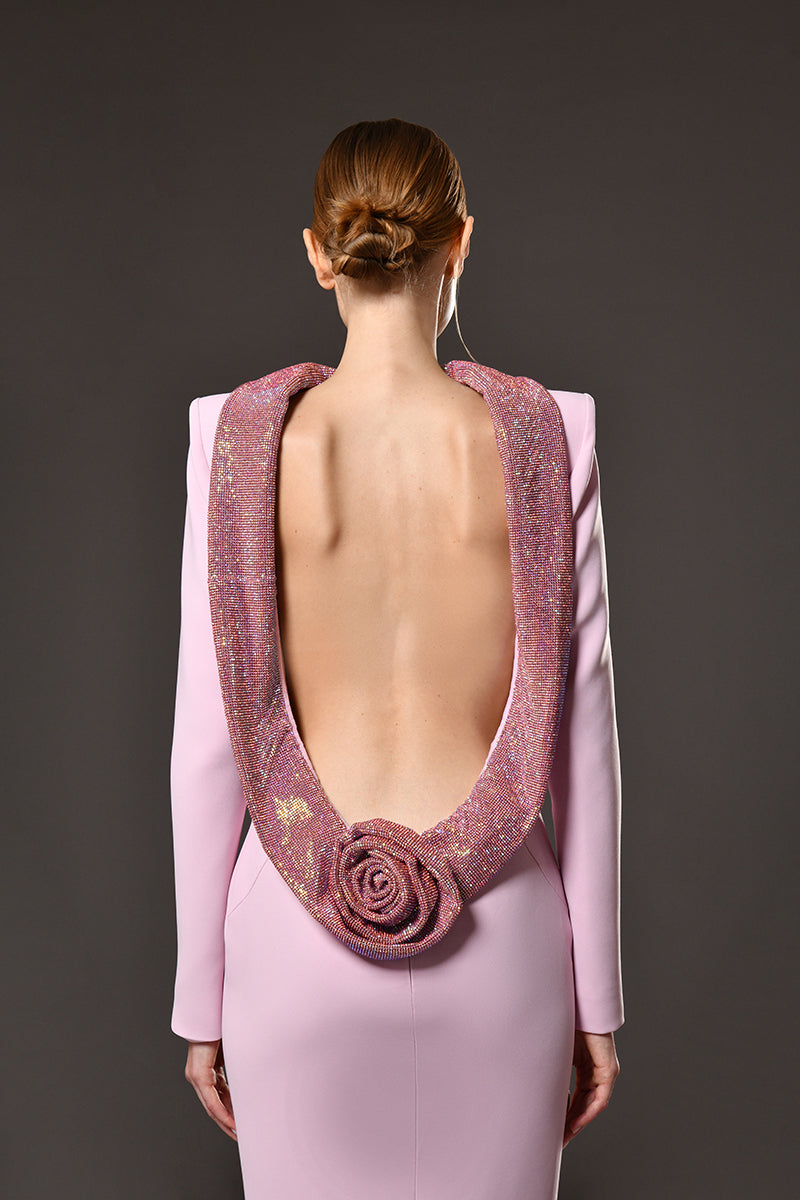 VIOLET PINK CRYSTAL FLOWER MAXI DRESS FOR EVENTS
