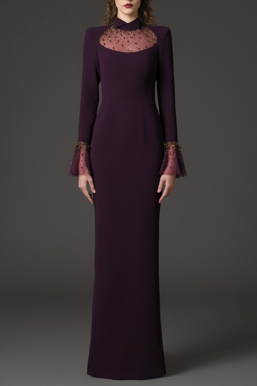 JS9_9688copy OPHELIA BURGUNDY BELL SLEEVE CRÊPE DRESS, RHINESTONE EMBROIDERED