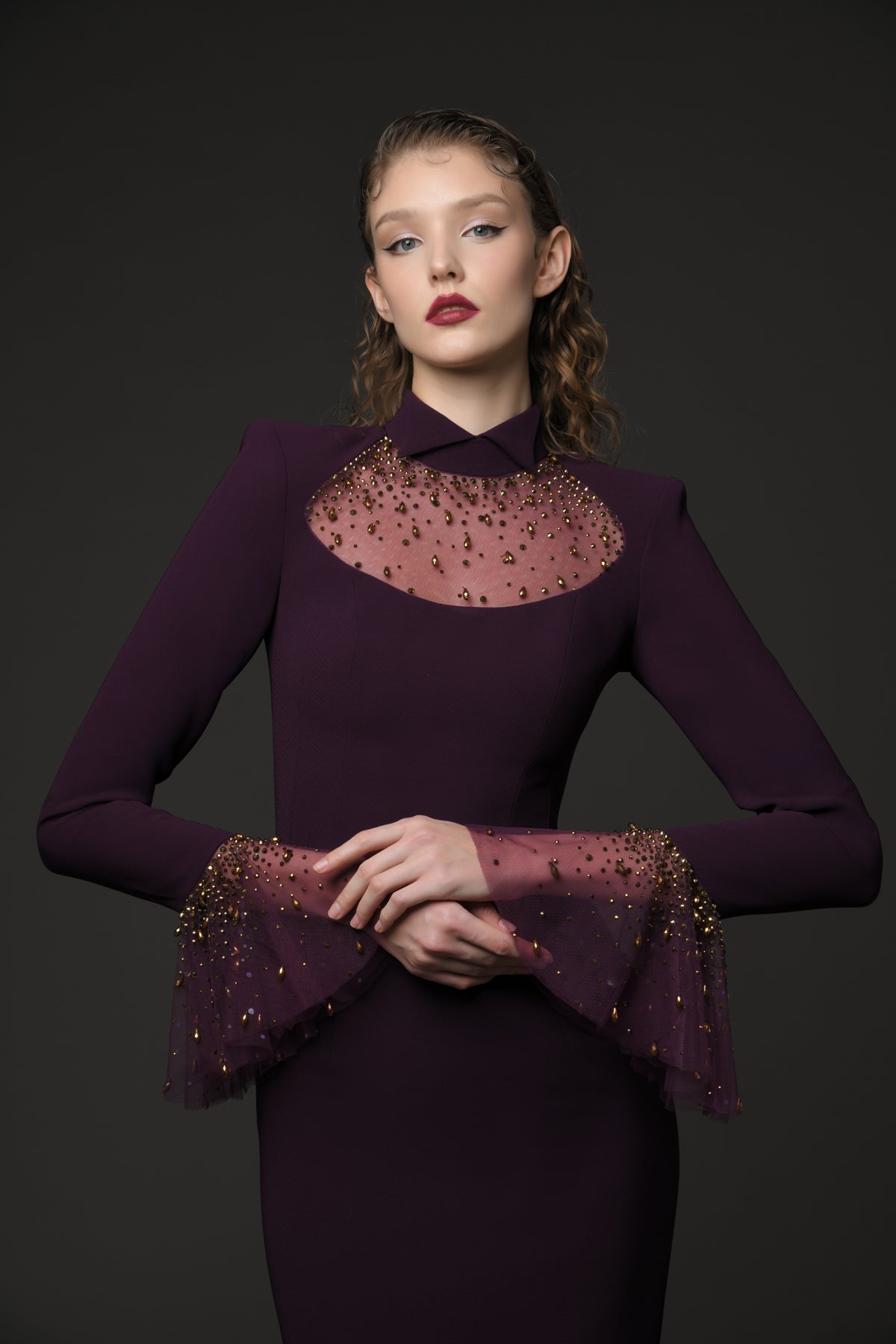 OPHELIA BURGUNDY BELL SLEEVE CRÊPE DRESS, RHINESTONE EMBROIDERED