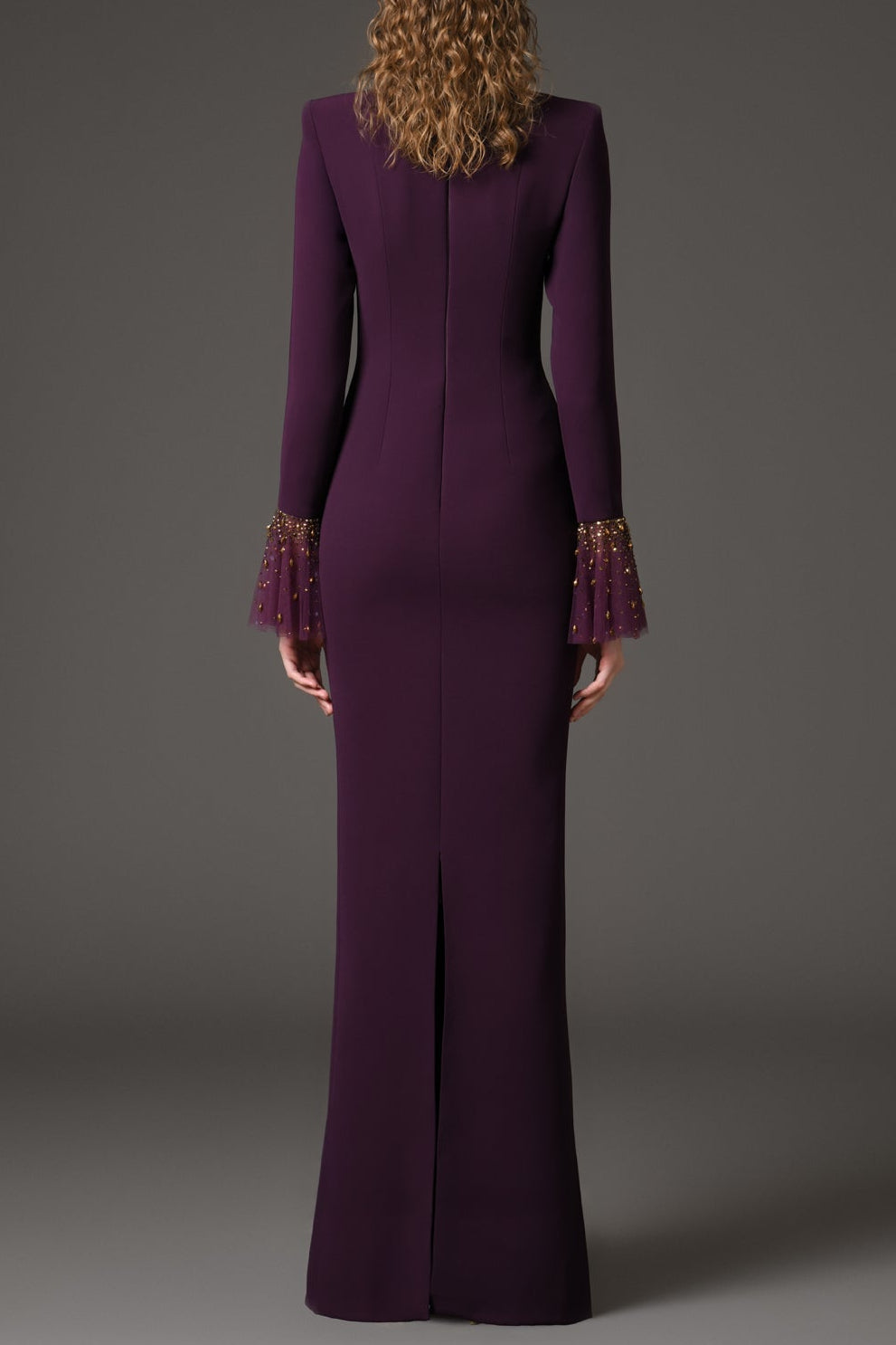 OPHELIA BURGUNDY BELL SLEEVE CRÊPE DRESS, RHINESTONE EMBROIDERED