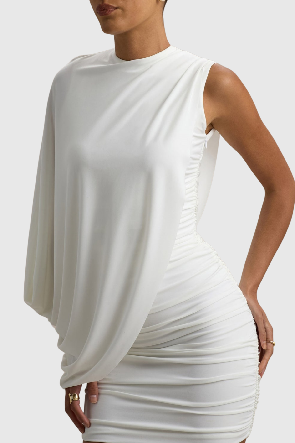 ONE SHOULDER RUCHED MINI DRESS FOR PARTY WHITE