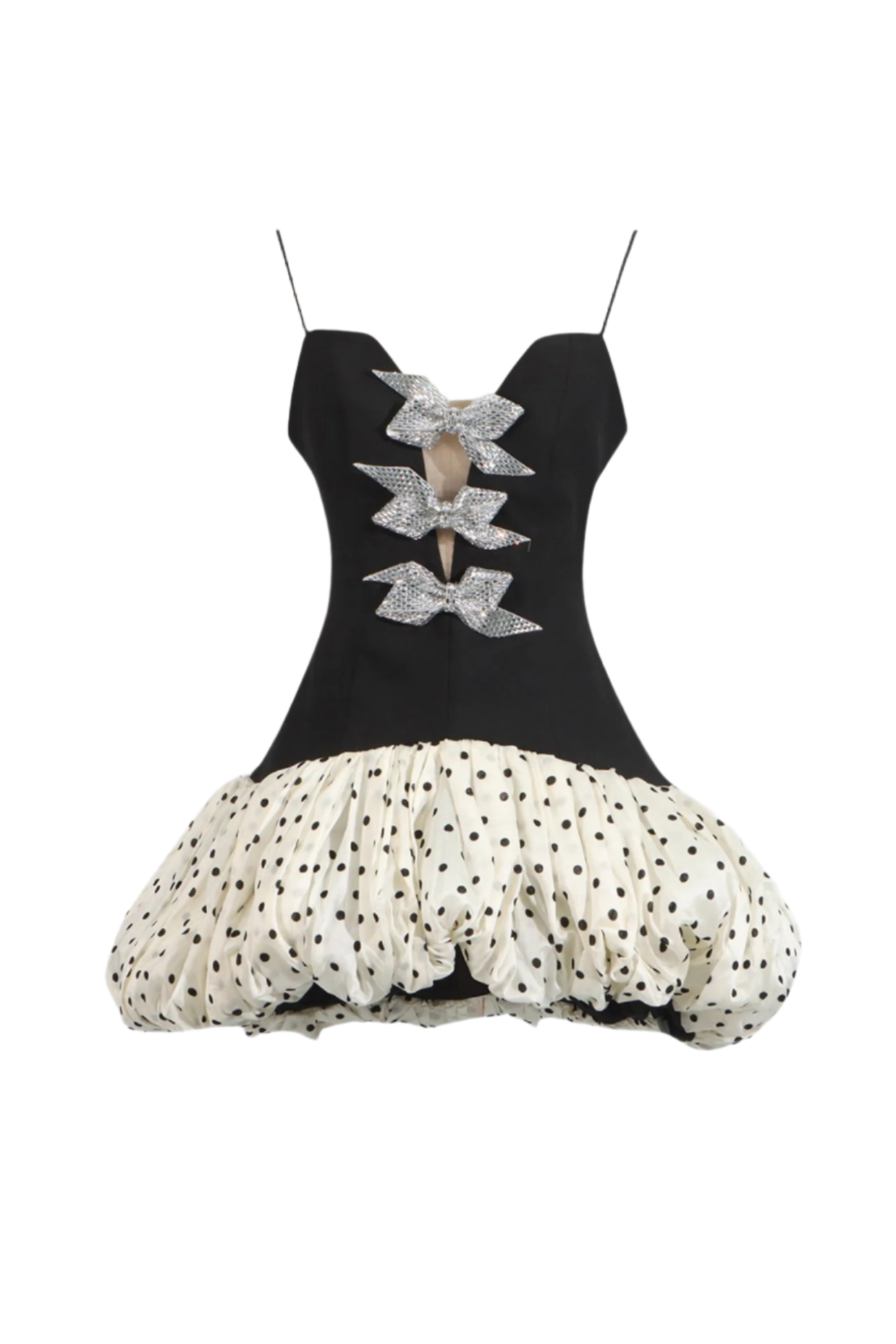 BOW EMBELLISHED PUFF DOT MINI DRESS