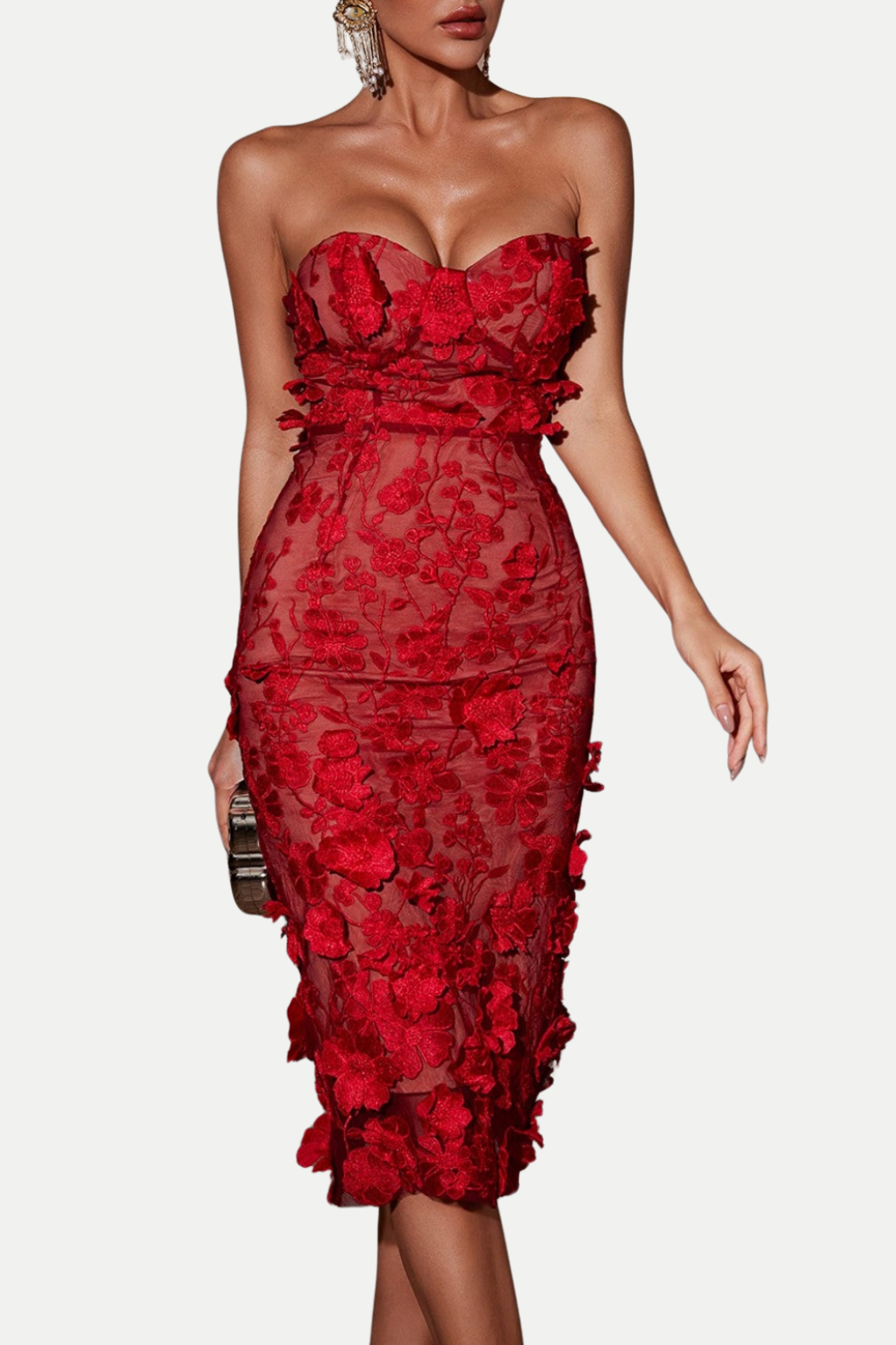 JAMESON STRAPLESS FLOWER MIDI DRESS FOR WEDDING GUEST