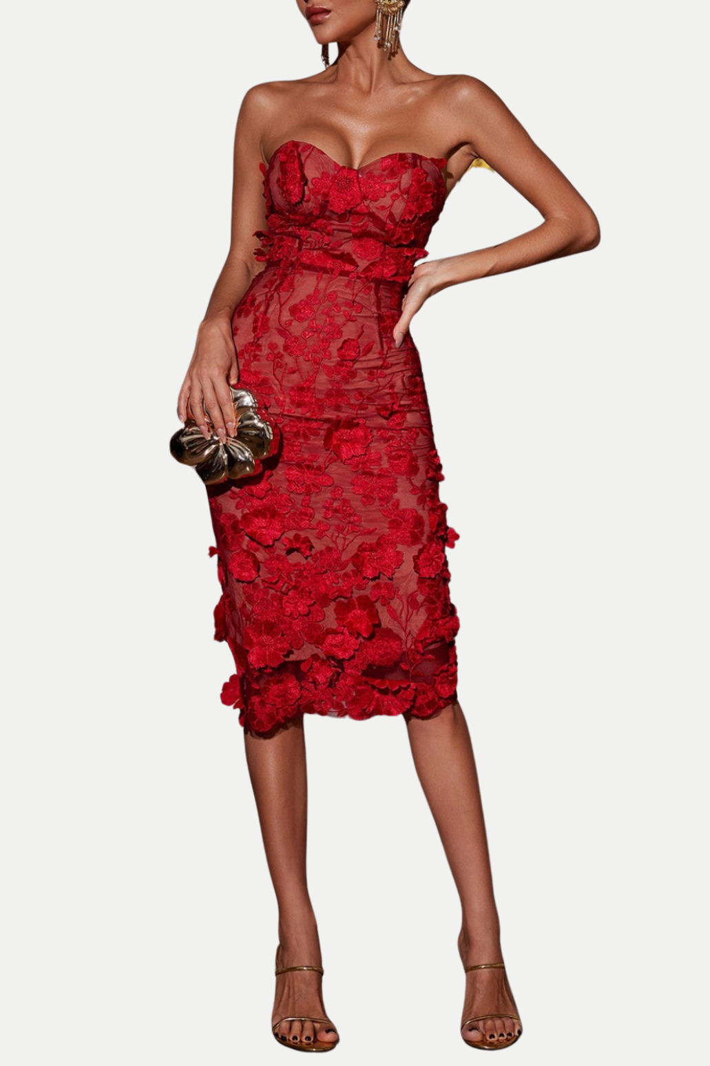 JAMESON STRAPLESS FLOWER MIDI DRESS FOR WEDDING GUEST