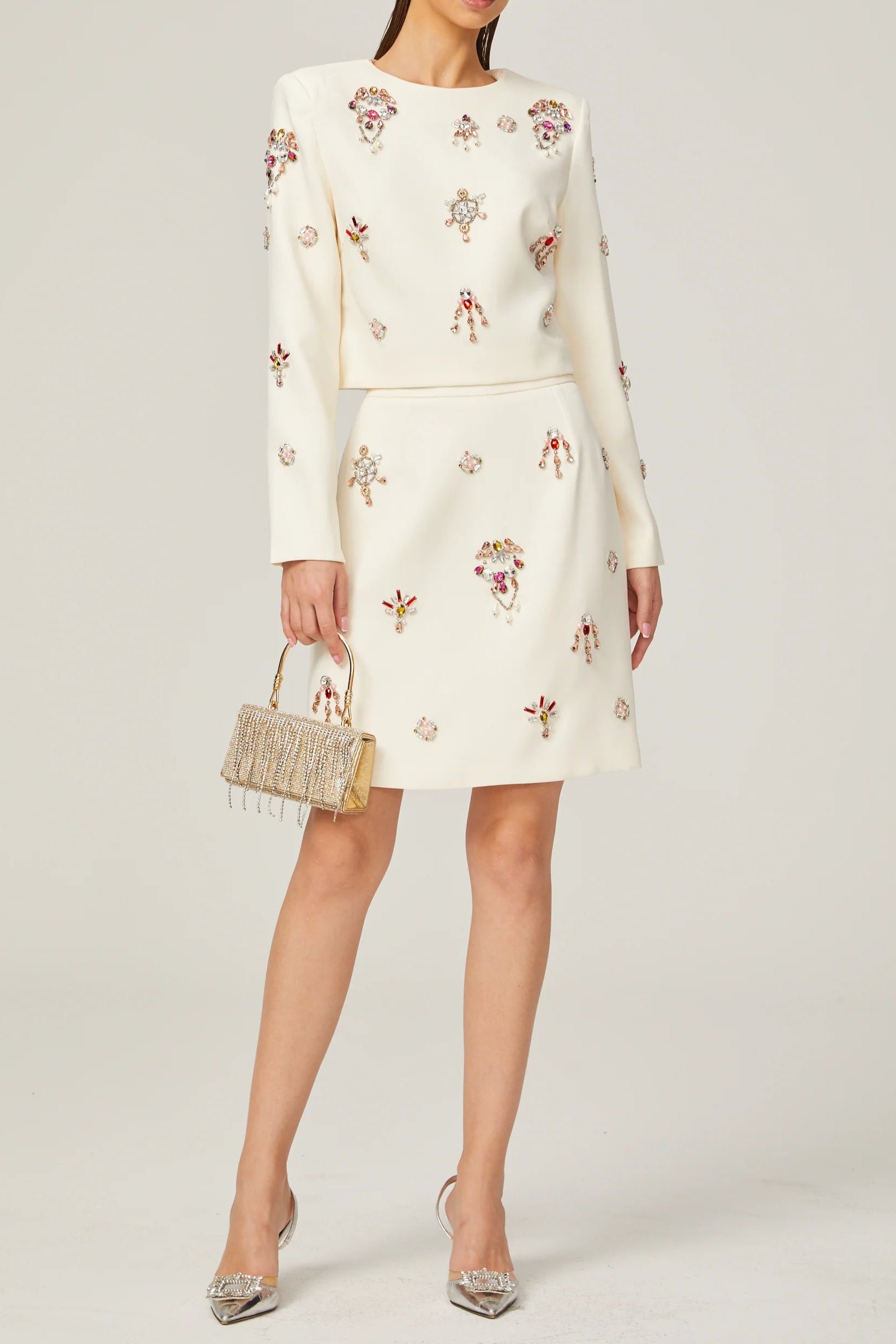 CRYSTAL MATCHING SET: WHITE EMBELLISHED TOP & SKIRT