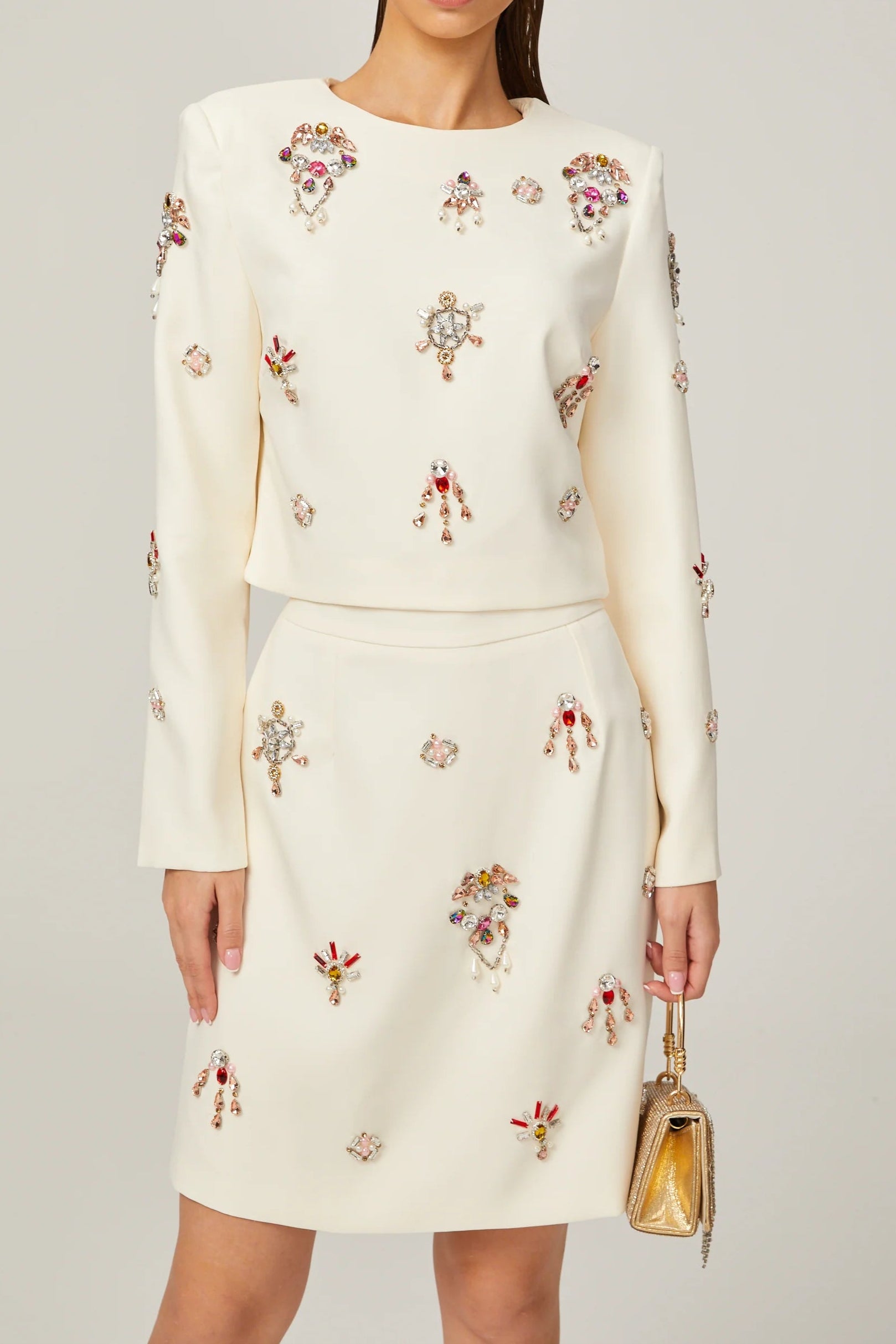CRYSTAL MATCHING SET: WHITE EMBELLISHED TOP & SKIRT