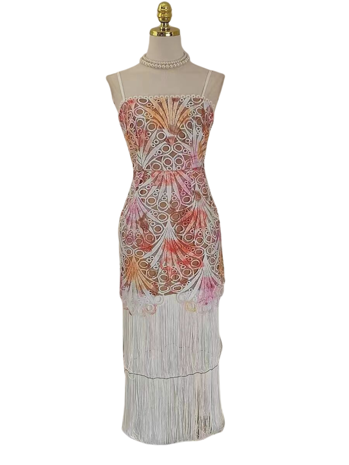 MULTICOLOR EMBROIDERED FRINGE MIDI DRESS