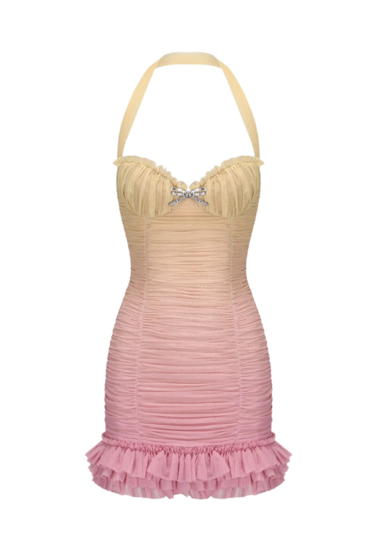HALTER MESH GRADIENT RUSHED YELLOW MINI DRESS