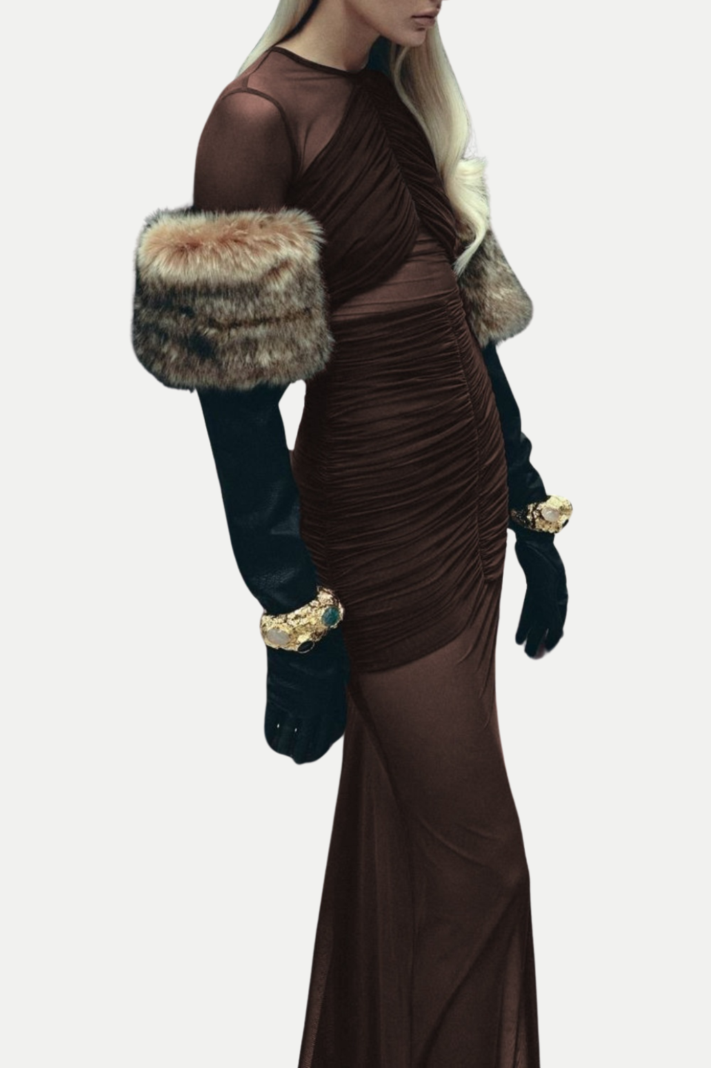 JOLLEEN RUCHED MESH MAXI DRESS BROWN