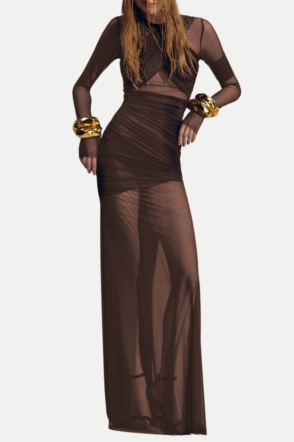 JOLLEEN RUCHED MESH MAXI DRESS BROWN