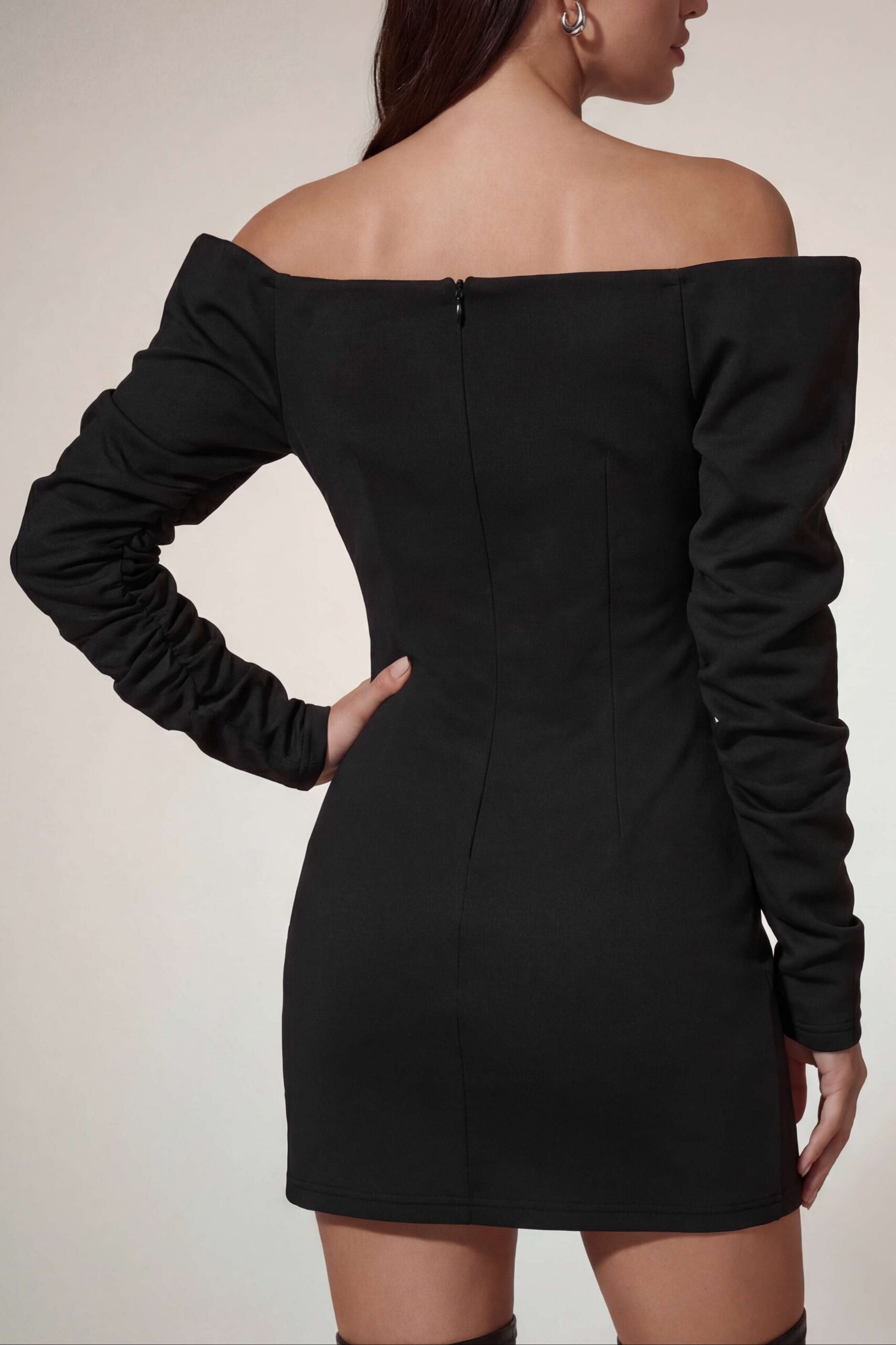 VICTORIA OFF-SHOULDER SATIN BODYCON MINI DRESS BLACK
