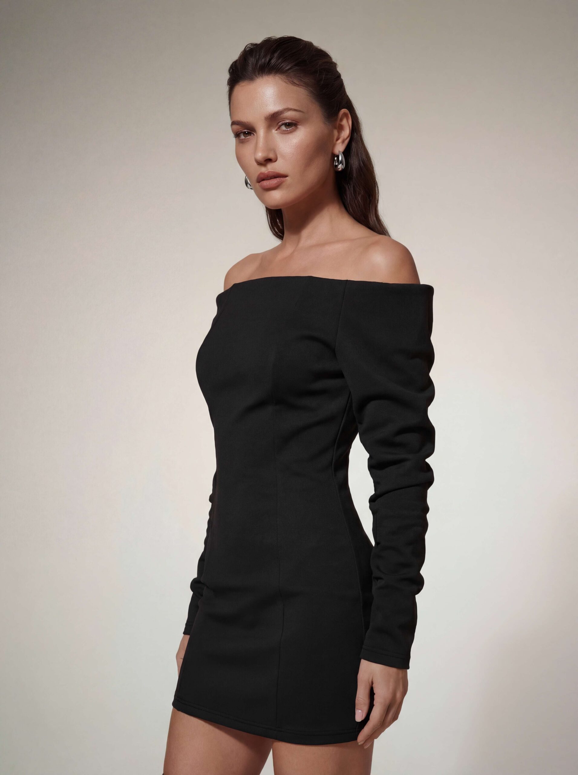 VICTORIA OFF-SHOULDER SATIN BODYCON MINI DRESS BLACK