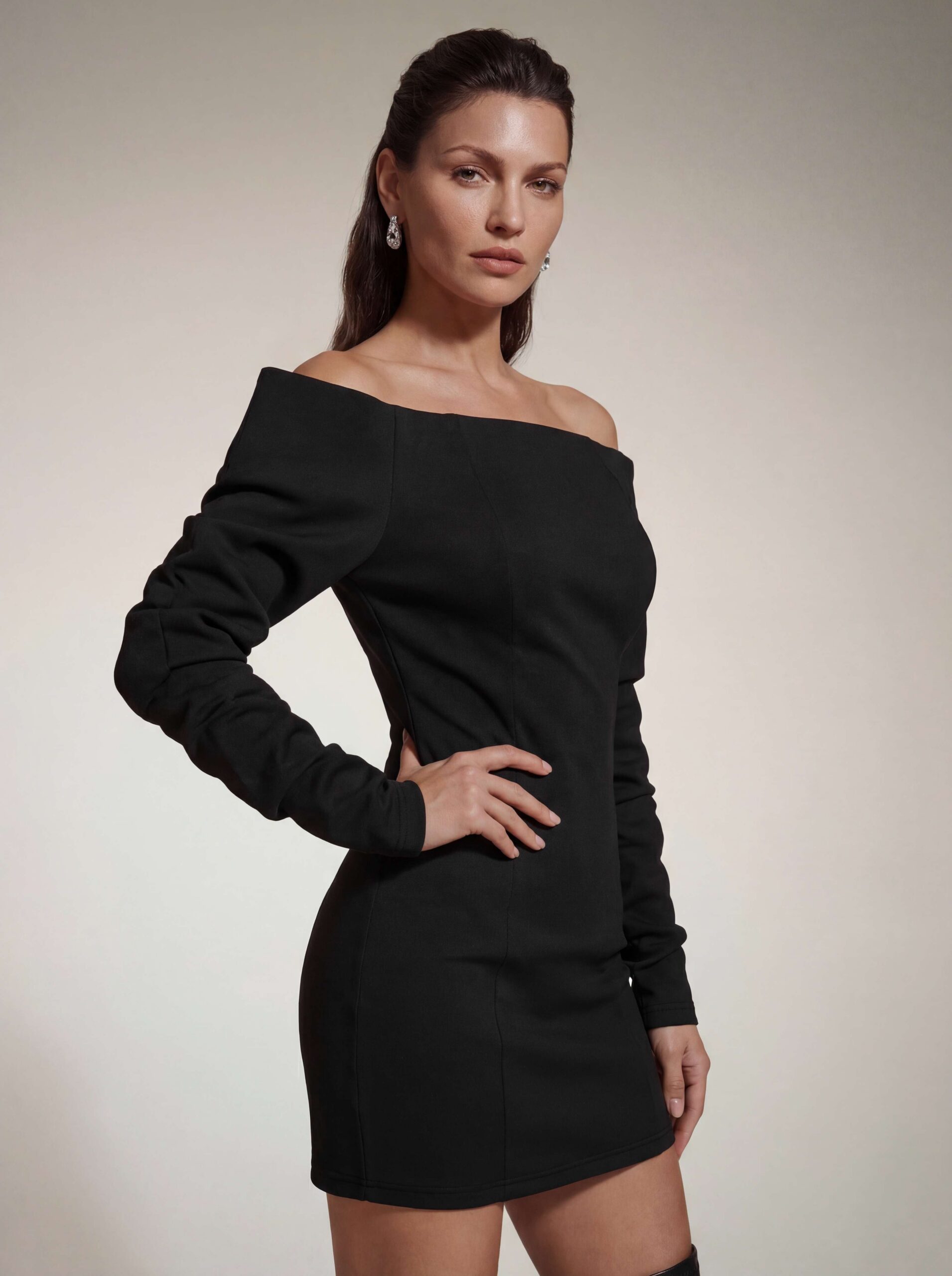 VICTORIA OFF-SHOULDER SATIN BODYCON MINI DRESS BLACK