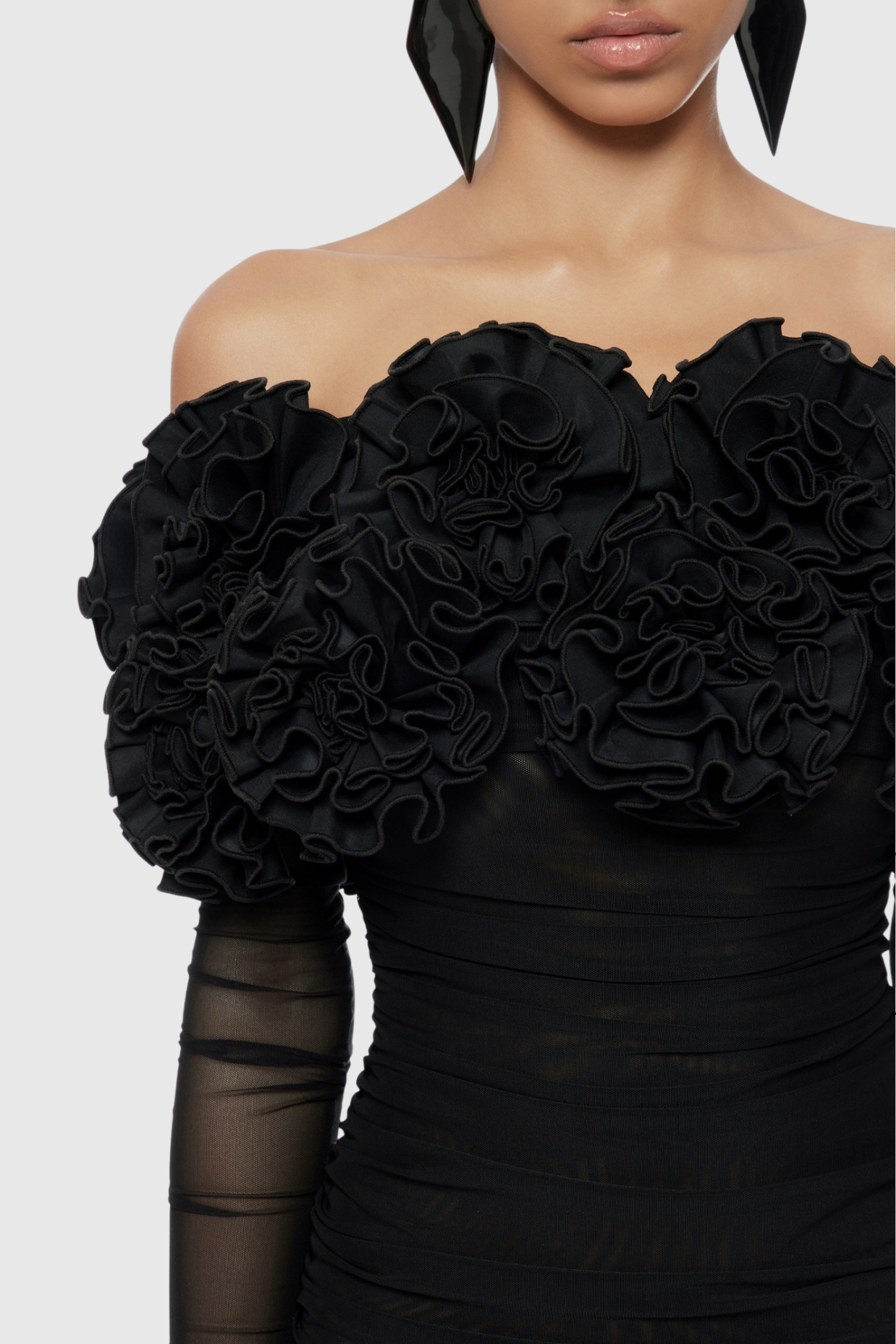 JOYANNE OFF SHOULDER FLOWER MESH MINI DRESS