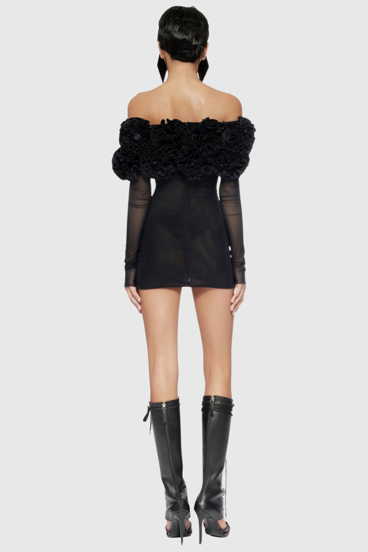 JOYANNE OFF SHOULDER FLOWER MESH MINI DRESS