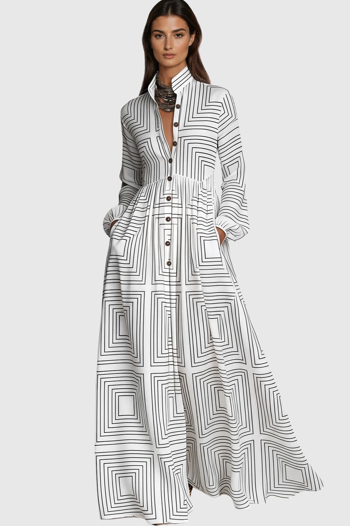 JUDIE GEOMETRIC PRINT WHITE MAXI DRESS