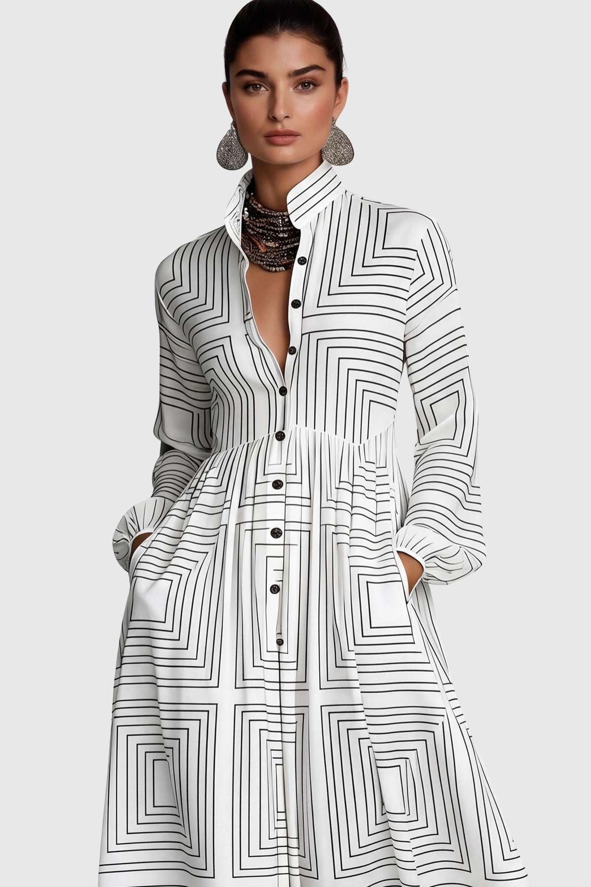 JUDIE GEOMETRIC PRINT WHITE MAXI DRESS