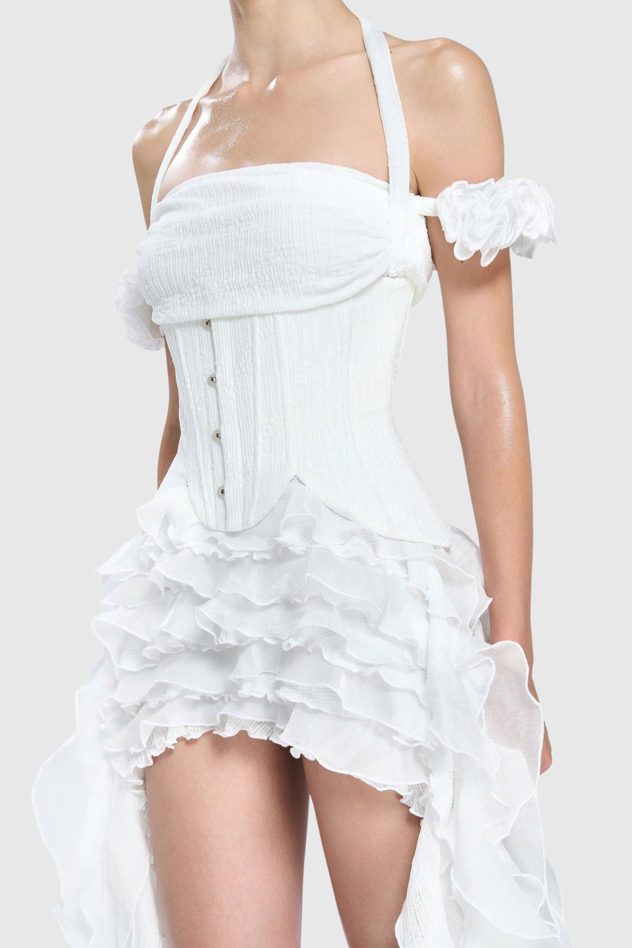 ELVA HALTER 3D FLOWER TASSEL MINI DRESS IN WHITE