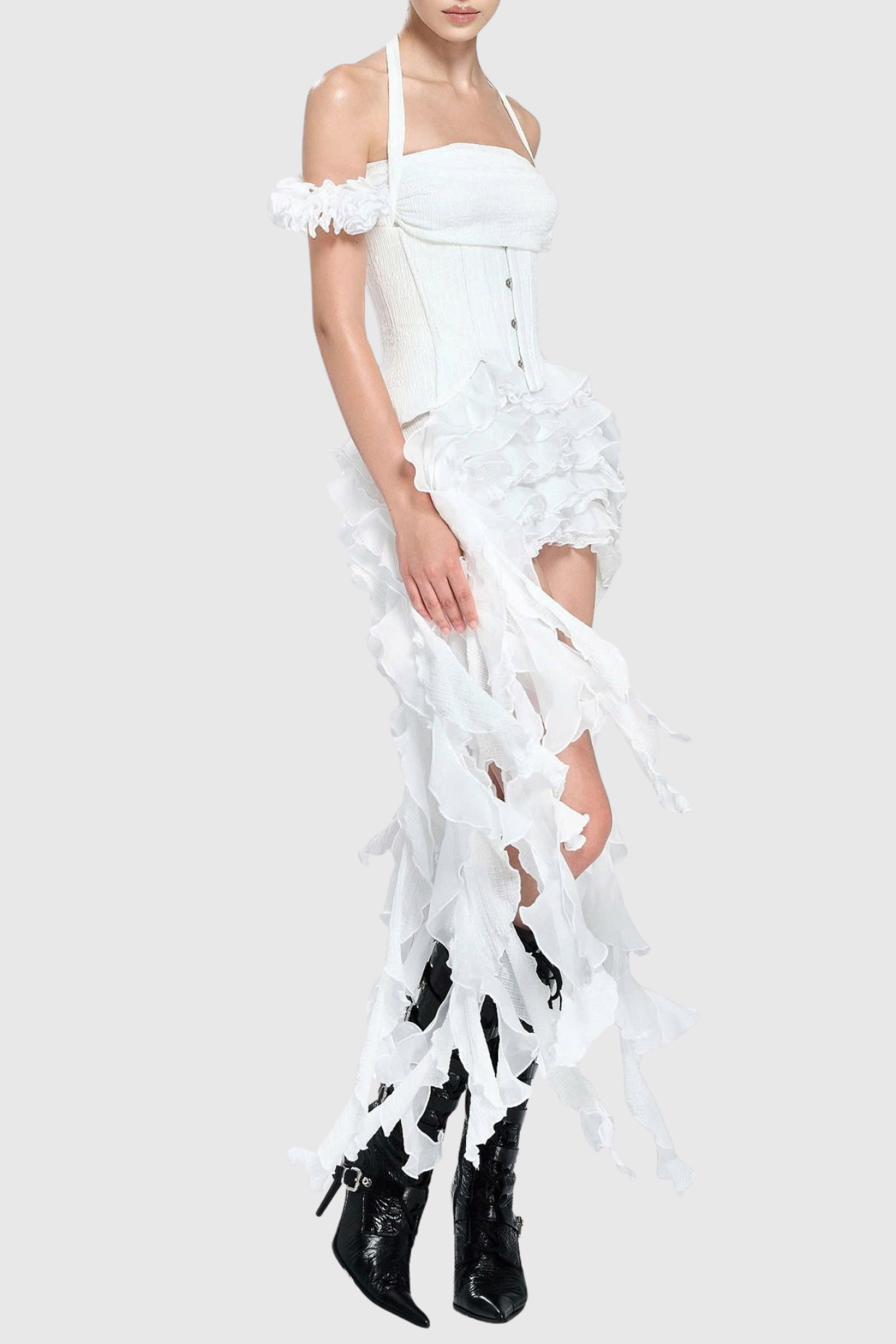 ELVA HALTER 3D FLOWER TASSEL MINI DRESS IN WHITE