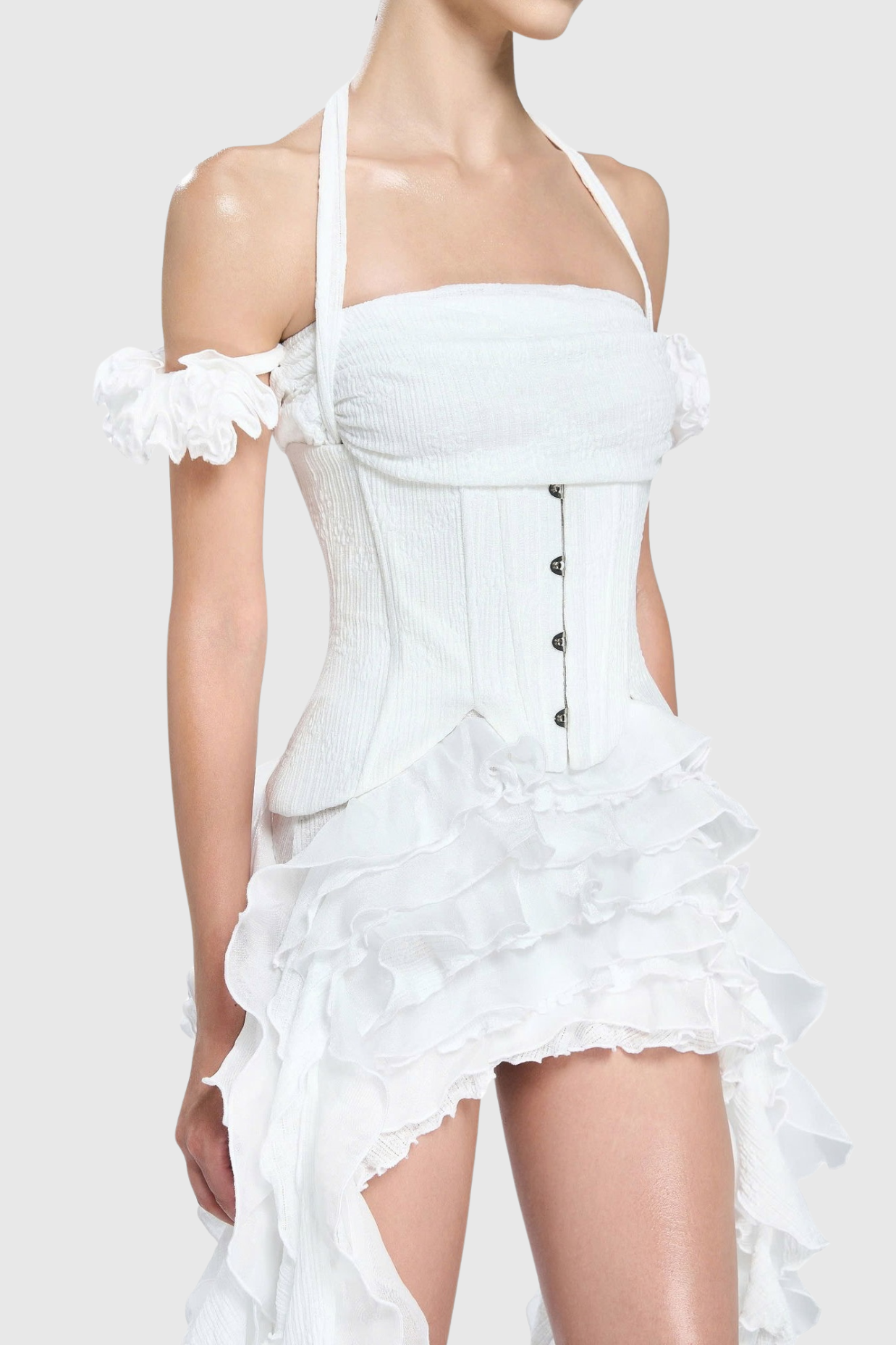 ELVA HALTER 3D FLOWER TASSEL MINI DRESS IN WHITE