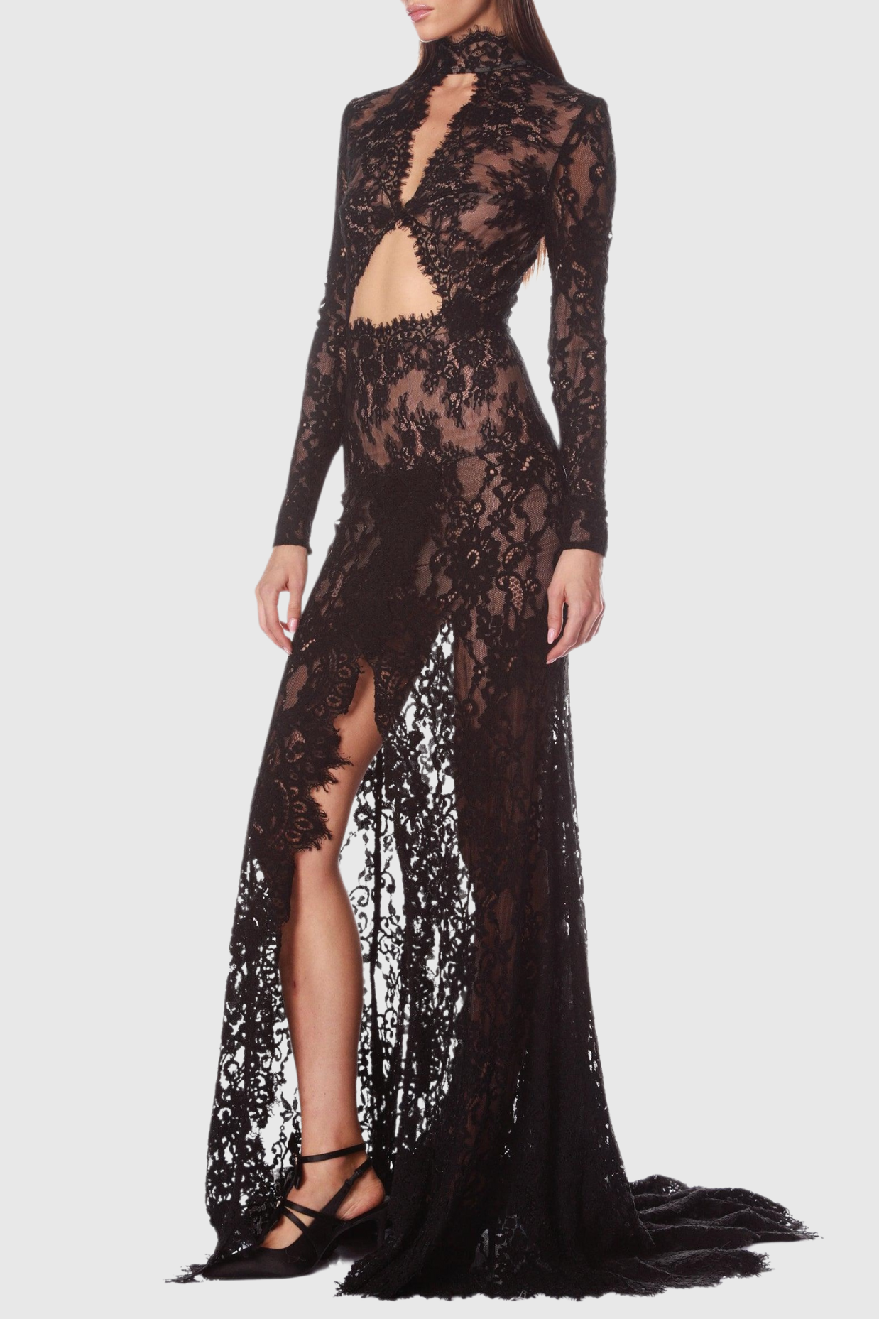 JUSELIUS LACE CUTOUT MAXI DRESS, BLACK