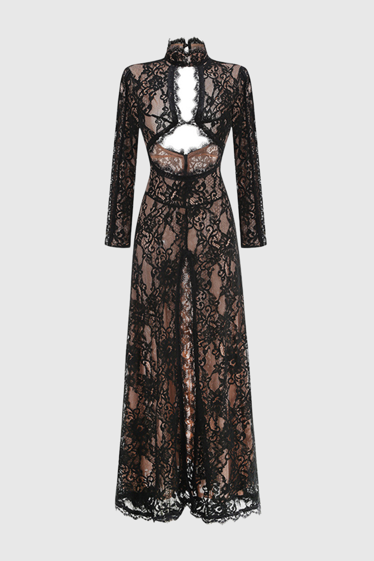 JUSELIUS LACE CUTOUT MAXI DRESS, BLACK