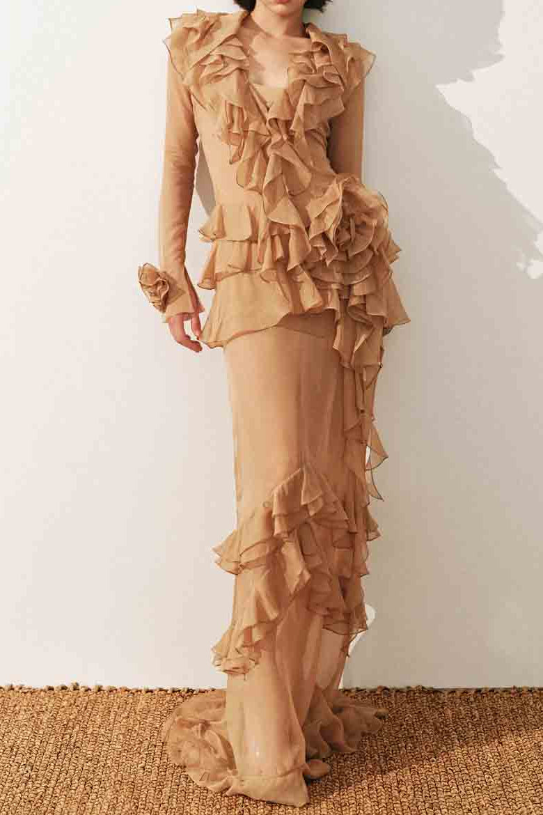 JOSEPHINE BROWN RUFFLED MAXI DRESS, BOHEMIAN WEDDING