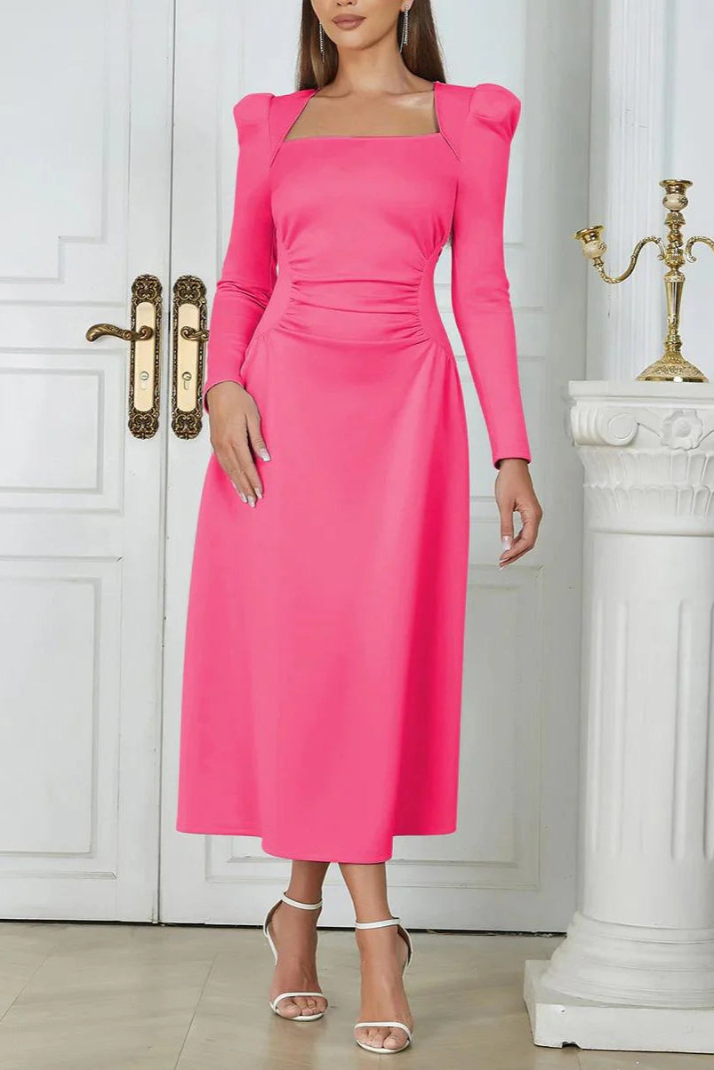 KELSEYDRESS SQUARE NECK PLEATED PINK MAXI DRESS FOR WEDDING