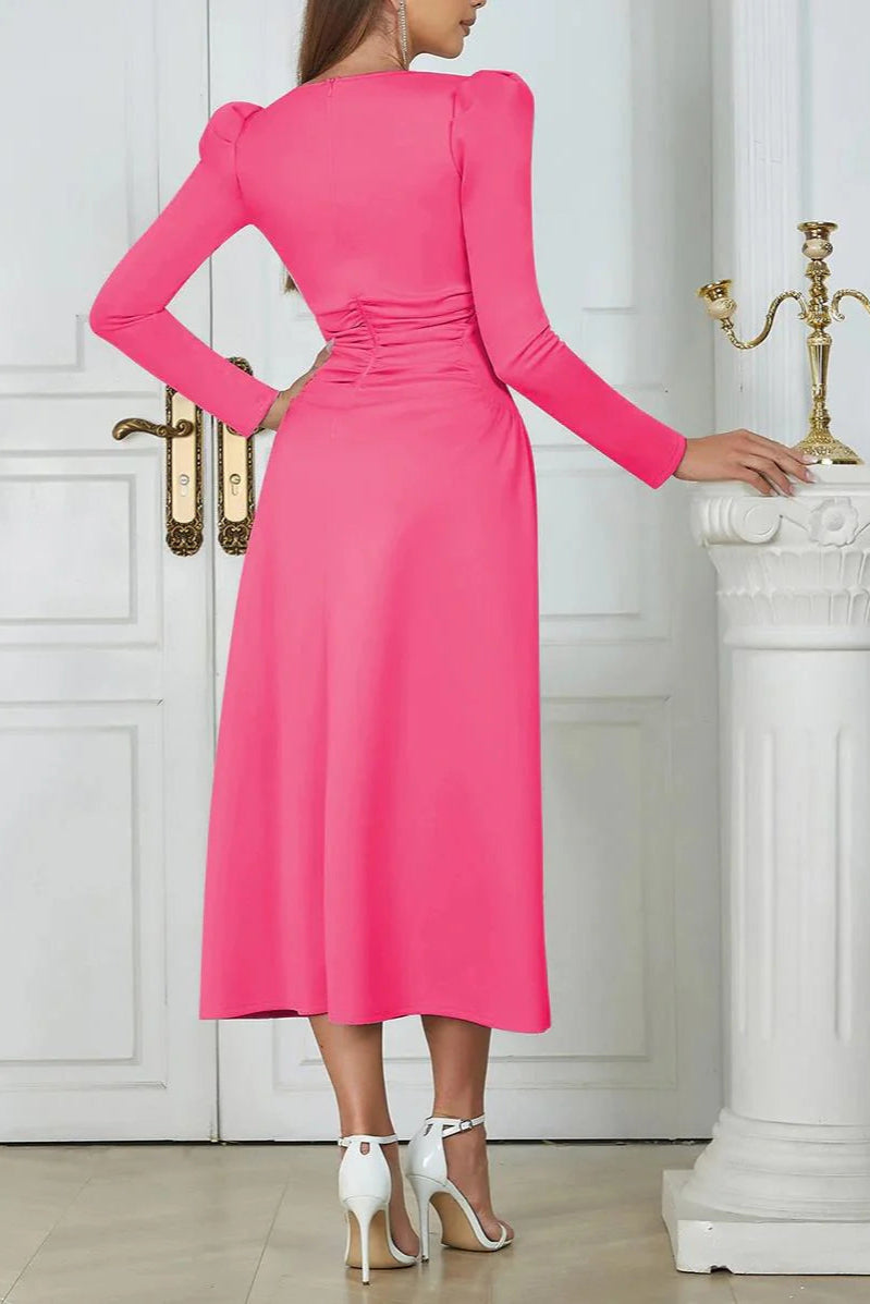 SQUARE NECK PLEATED PINK MAXI DRESS FOR WEDDING