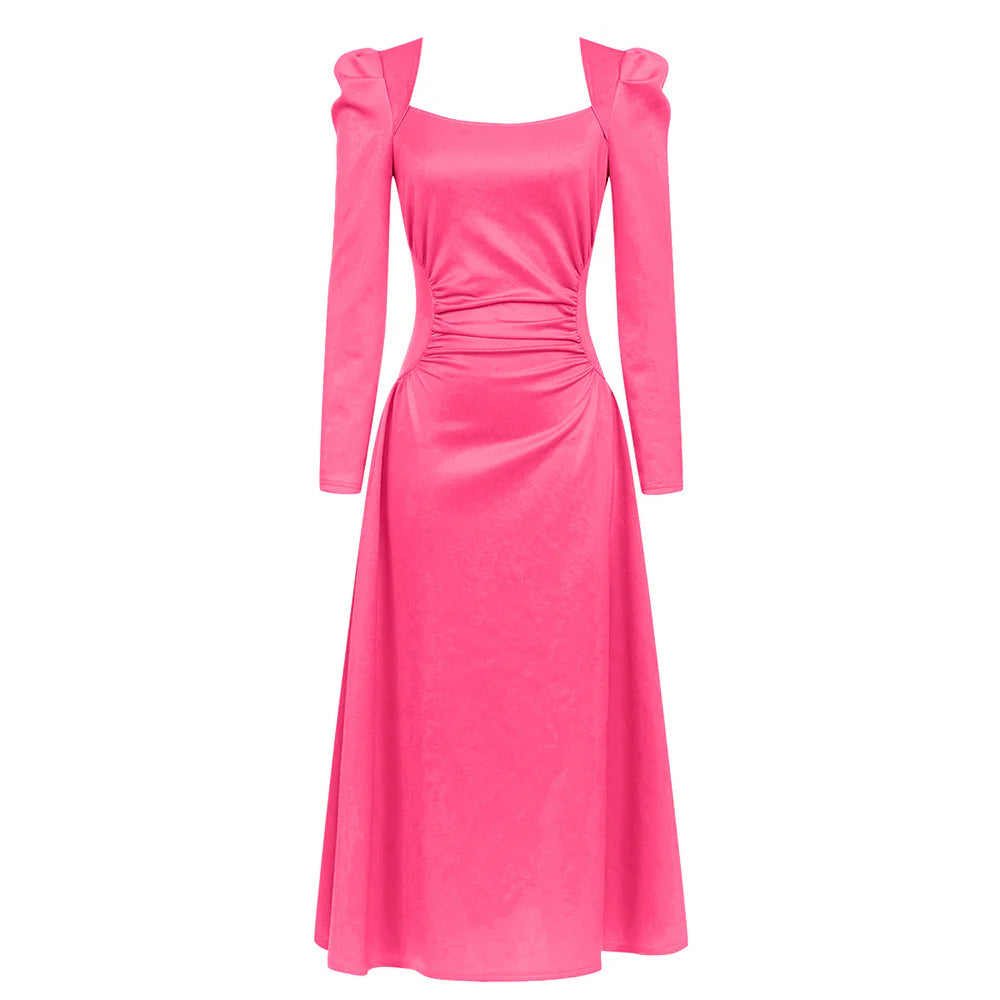 SQUARE NECK PLEATED PINK MAXI DRESS FOR WEDDING