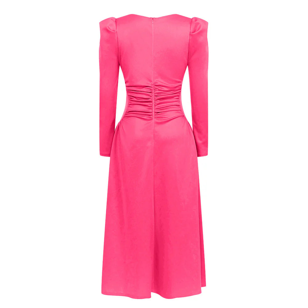 SQUARE NECK PLEATED PINK MAXI DRESS FOR WEDDING