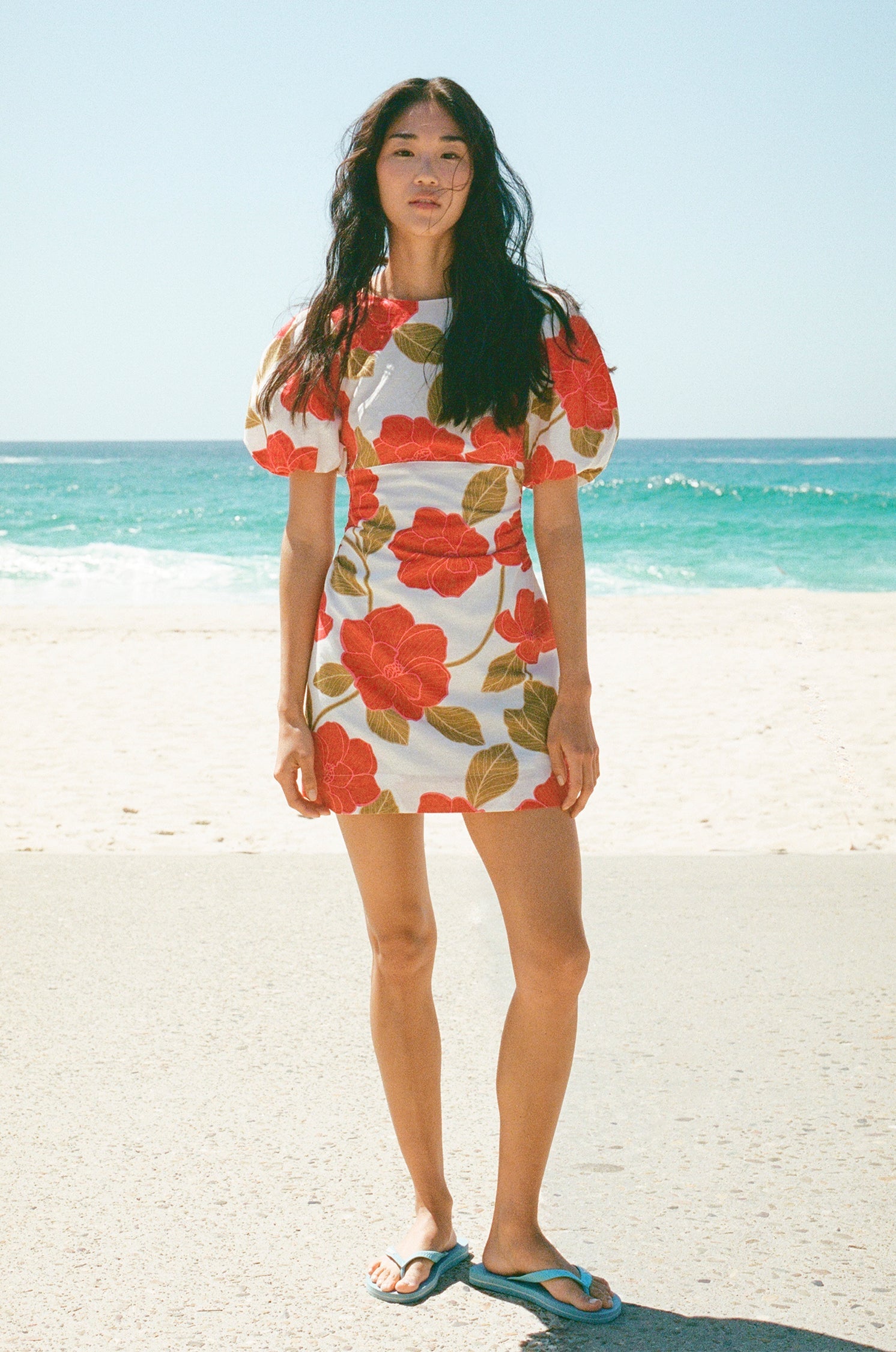 MULTICOLOR PUFF SLEEVE LINEN MINI DRESS