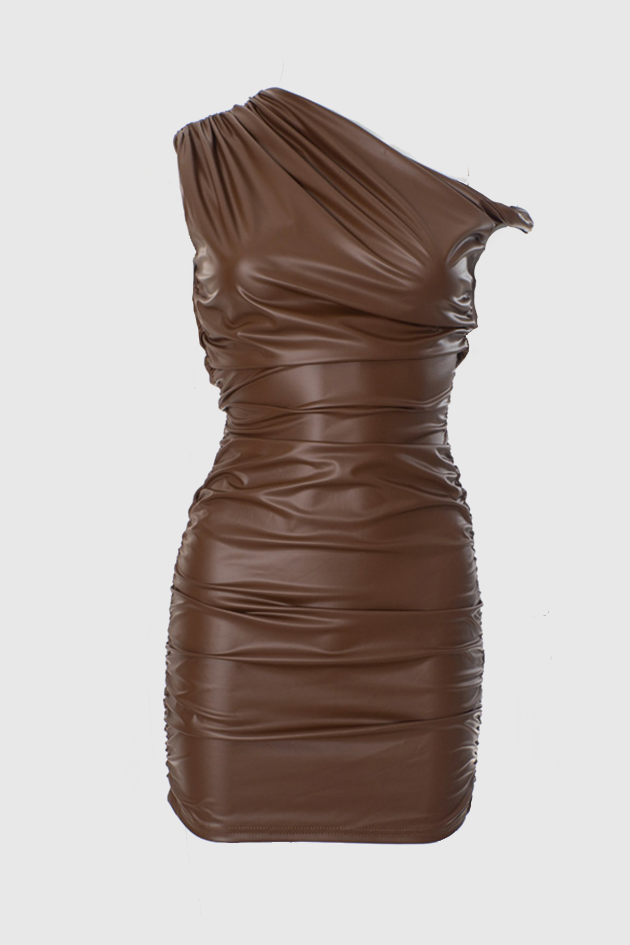 KADWYN RUCHED ASYMMETRIC FAUX LEATHER MINI DRESS BROWN